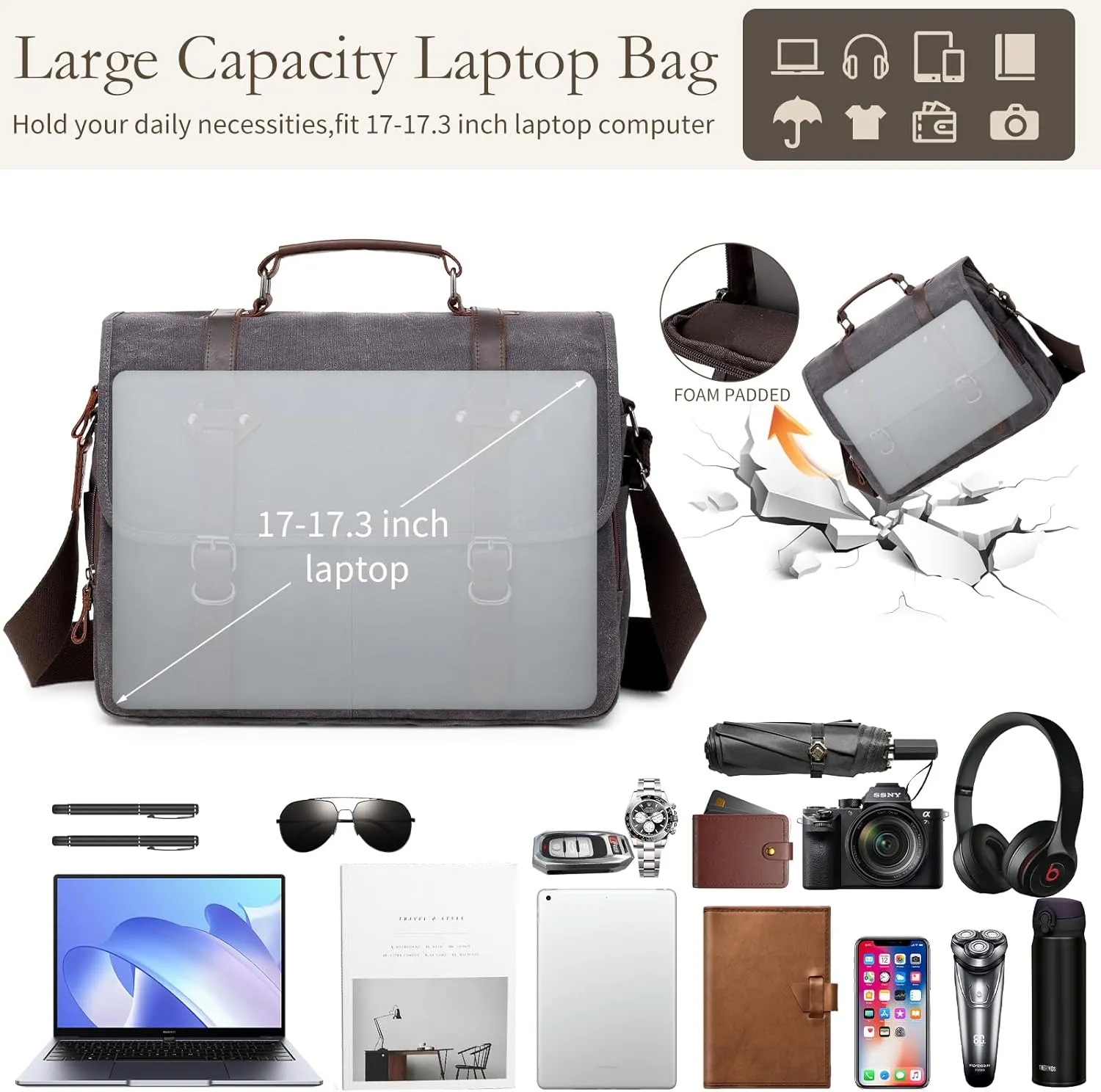 Wogarl 2PCS Mens Messenger Bag 15.6 Inch Genuine Leather Waxed Canvas Computer Laptop Bag Briefcase Satchel Shoulder Bag