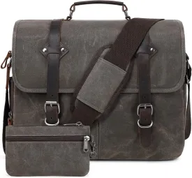 Wogarl 2PCS Mens Messenger Bag 15.6 Inch Genuine Leather Waxed Canvas Computer Laptop Bag Briefcase Satchel Shoulder Bag