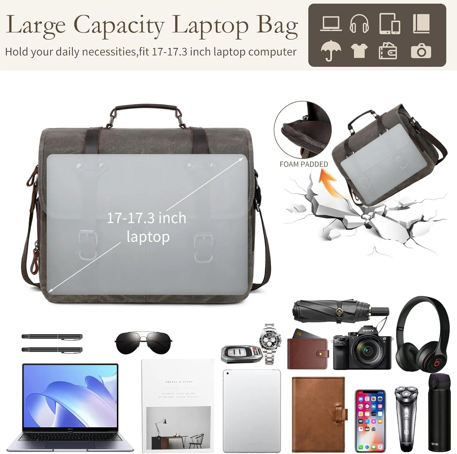 Wogarl 2PCS Mens Messenger Bag 15.6 Inch Genuine Leather Waxed Canvas Computer Laptop Bag Briefcase Satchel Shoulder Bag