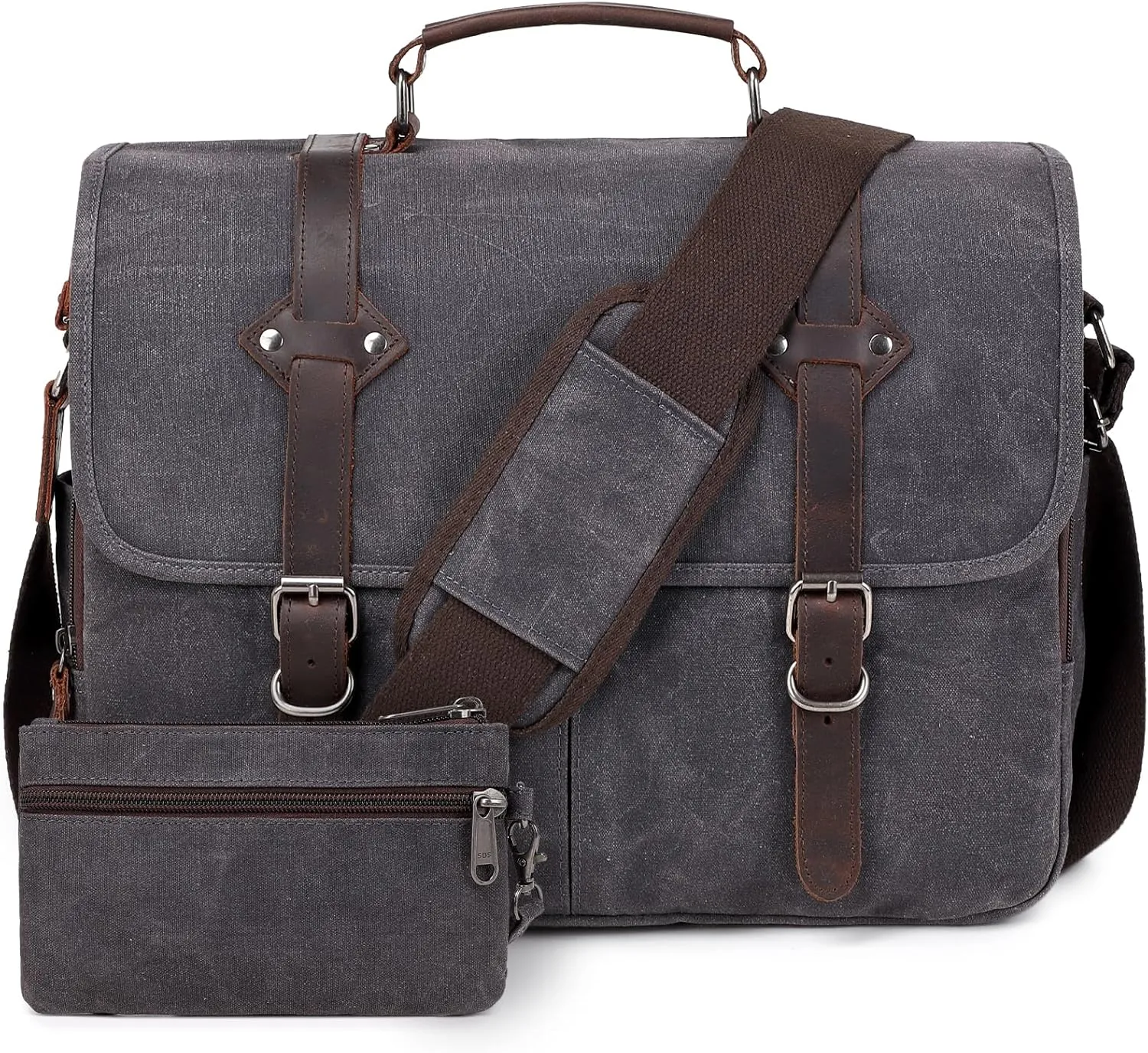 Wogarl 2PCS Mens Messenger Bag 15.6 Inch Genuine Leather Waxed Canvas Computer Laptop Bag Briefcase Satchel Shoulder Bag