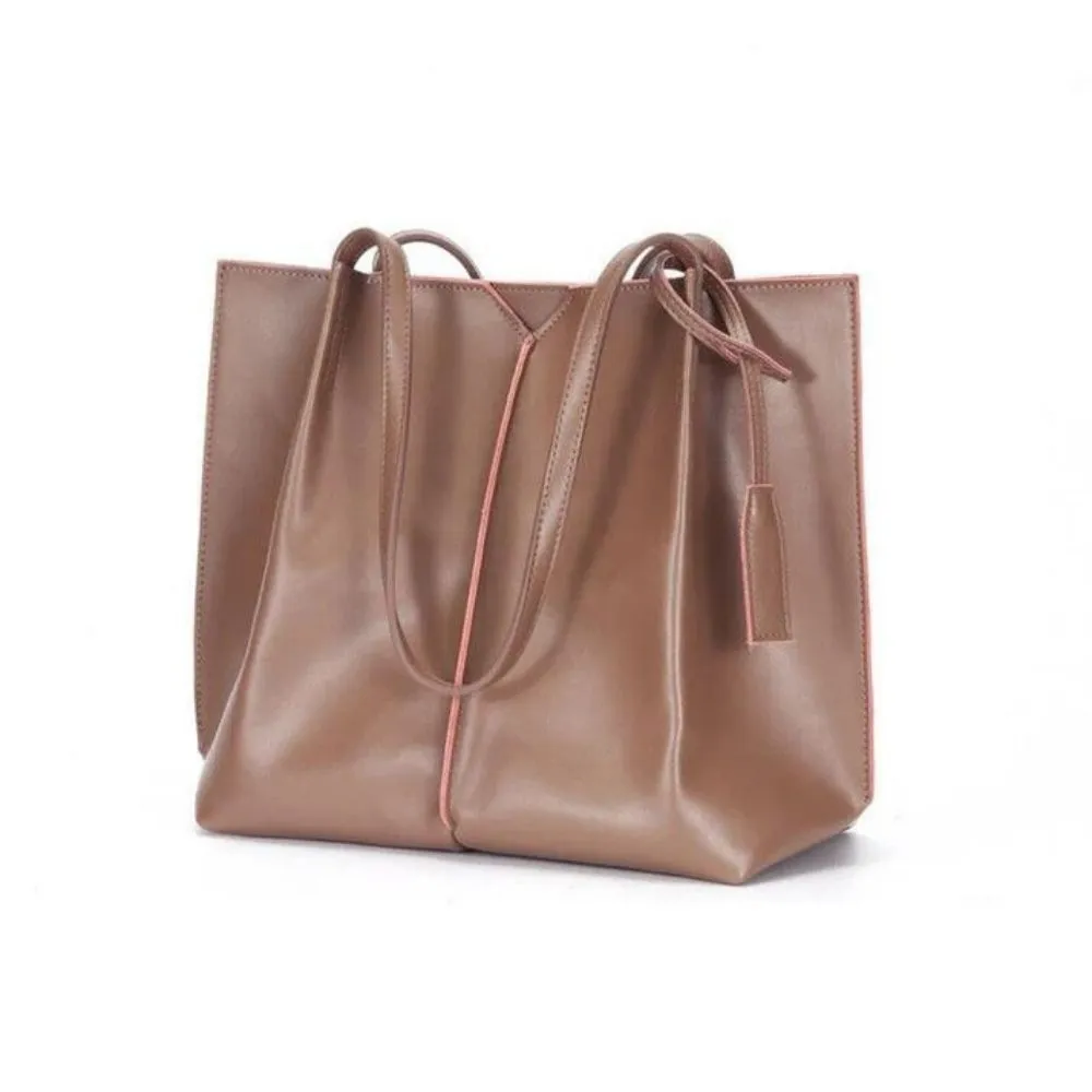 Women Camel Brown Tote Leather Shoulder Bag