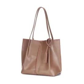 Women Camel Brown Tote Leather Shoulder Bag