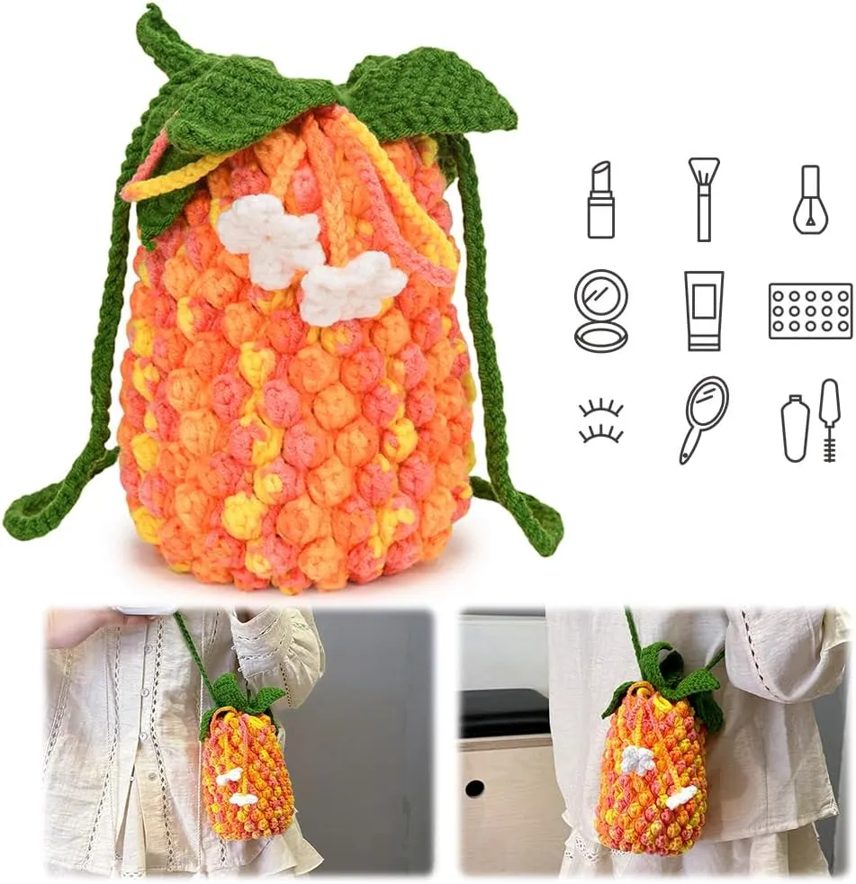 Women Crochet Shoulder Bag Fashion Pineapple Tote Bag Woven Handbag Slouchy Hobo Bag Knitted Tote Purse Mini Purse