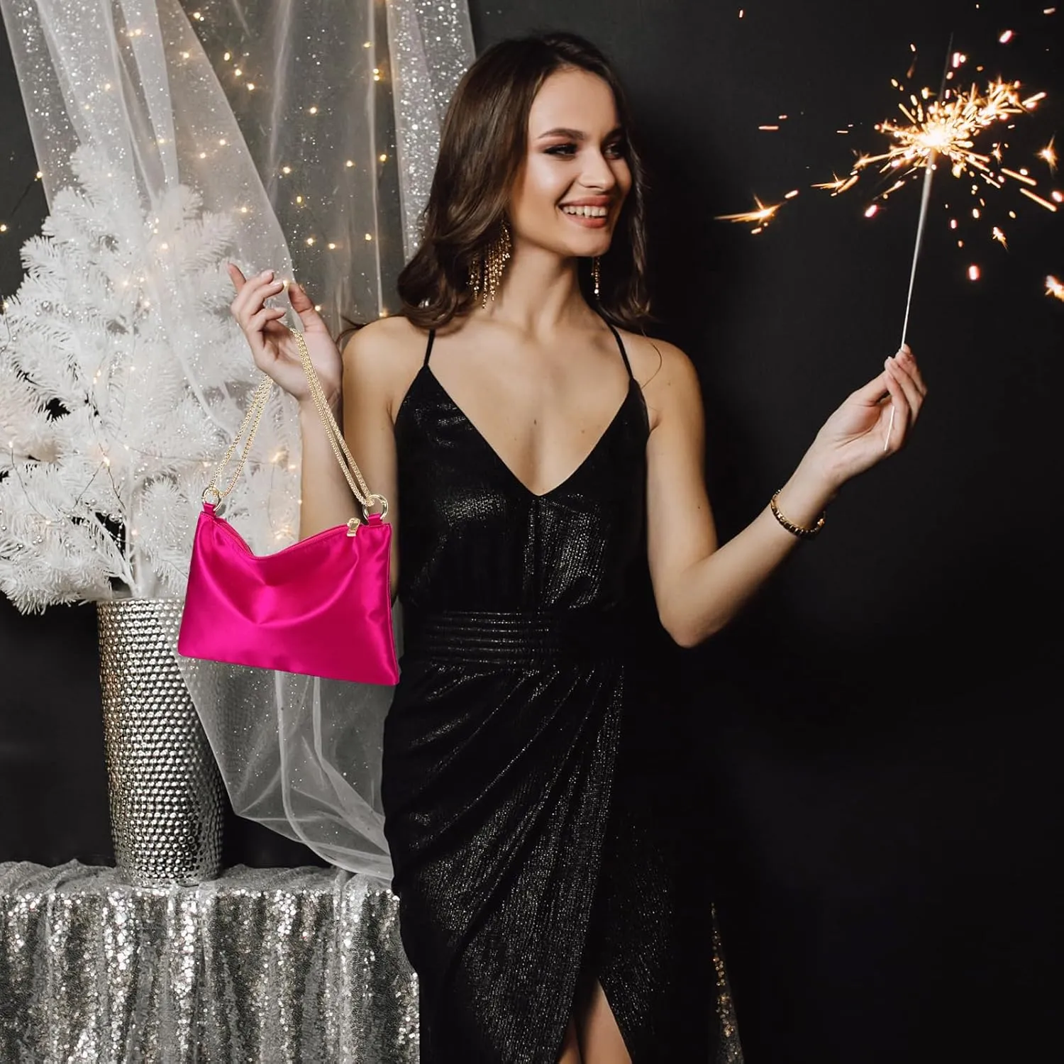 Women Satin Evening Handbag Wedding Prom Clutch Purse Formal Cocktail Party Clutches Shoulder Bag with 2 Bag Chains