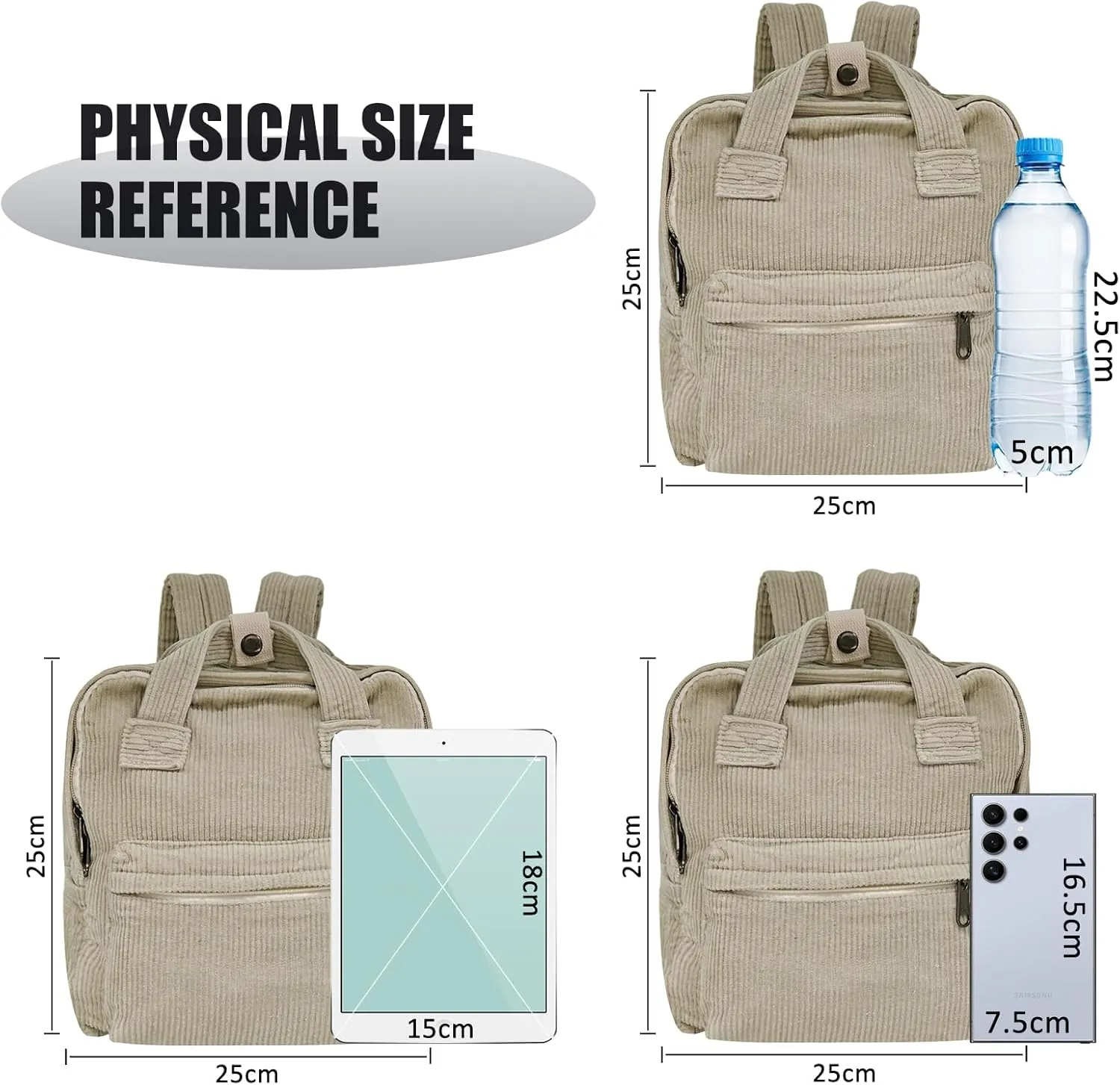 women Small Backpack Ladies Canvas/Cord Backpacks Casual Daypacks, Backpacks for Citywalk Travel Work Unisex (Cordury, Beige)