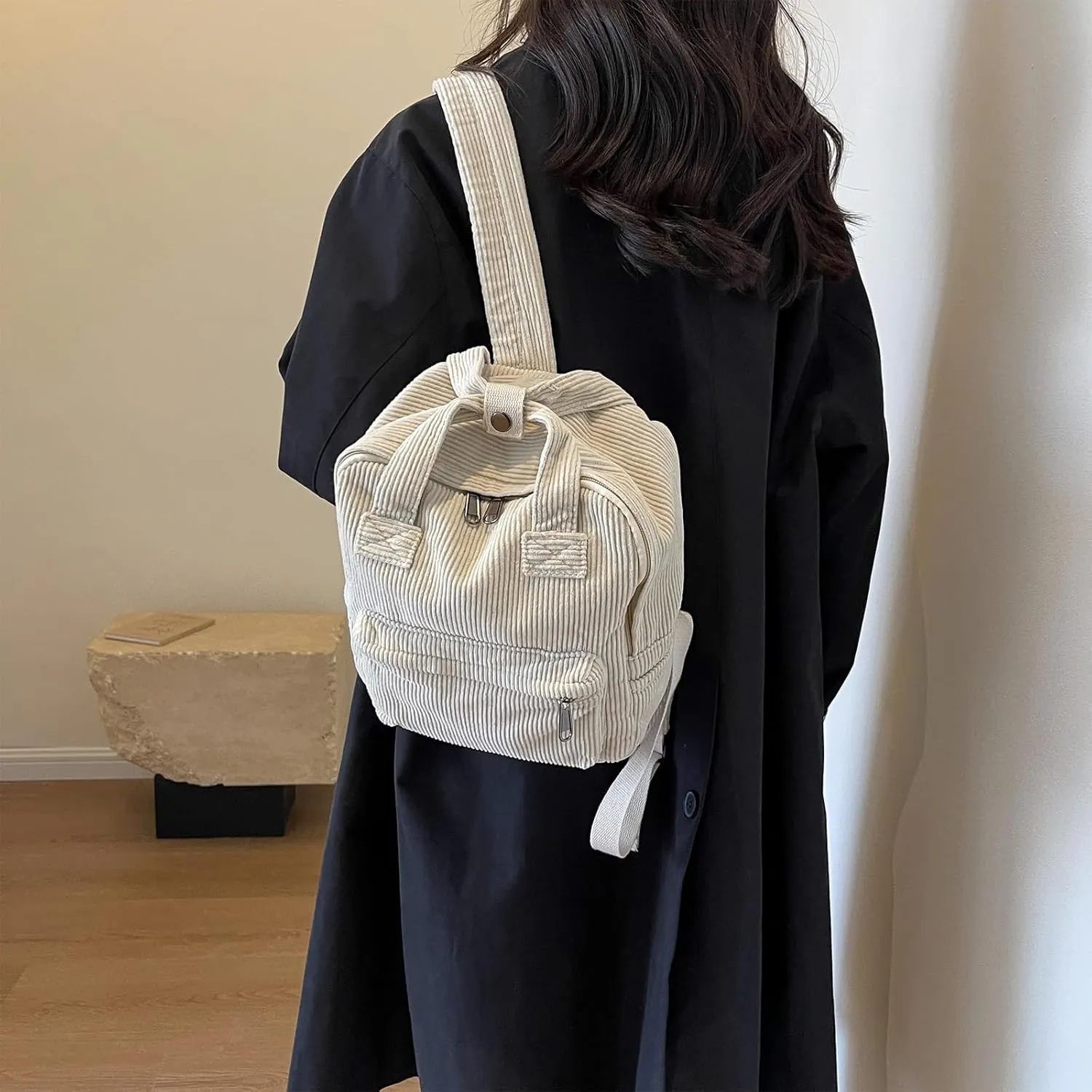 women Small Backpack Ladies Canvas/Cord Backpacks Casual Daypacks, Backpacks for Citywalk Travel Work Unisex (Cordury, Beige)