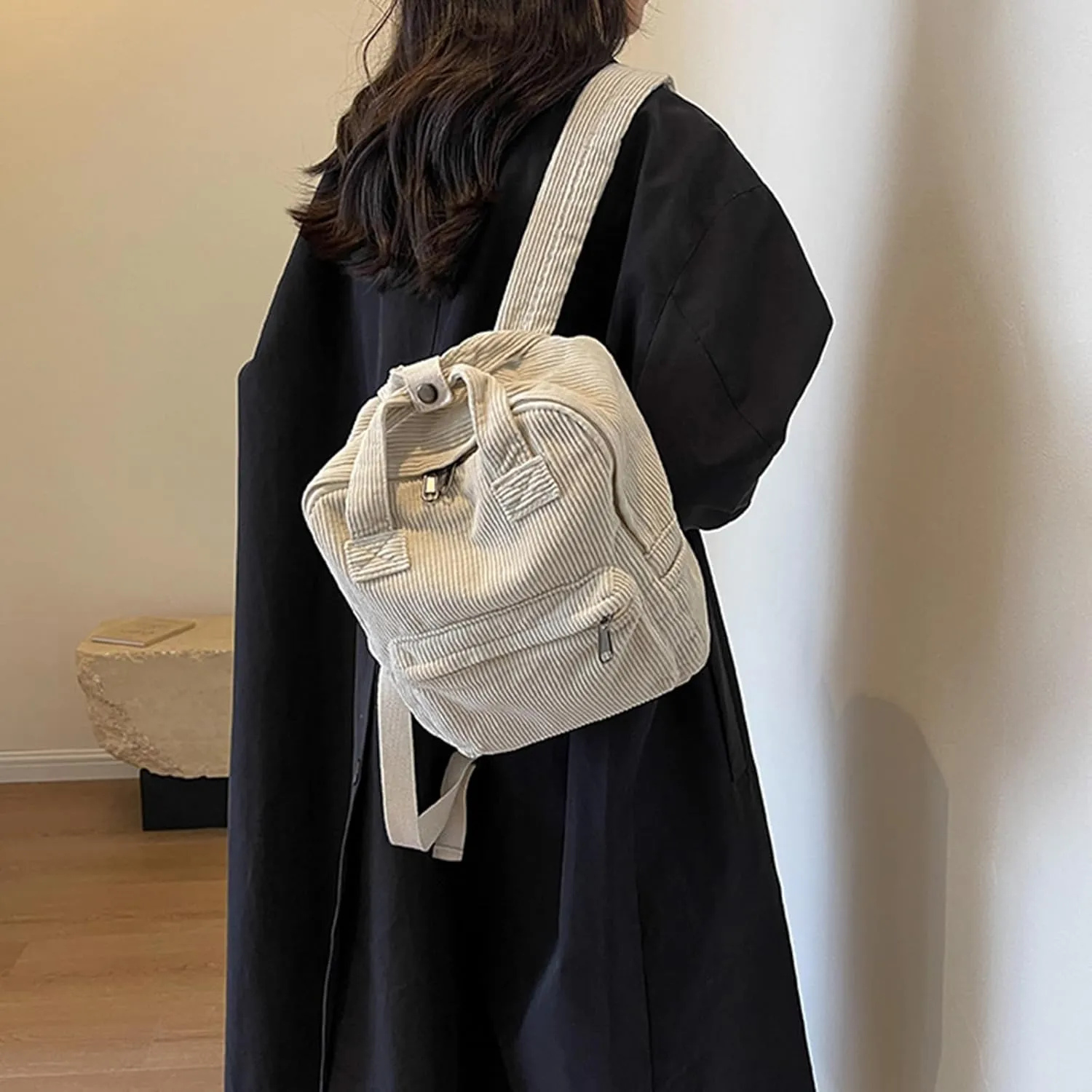 women Small Backpack Ladies Canvas/Cord Backpacks Casual Daypacks, Backpacks for Citywalk Travel Work Unisex (Cordury, Beige)