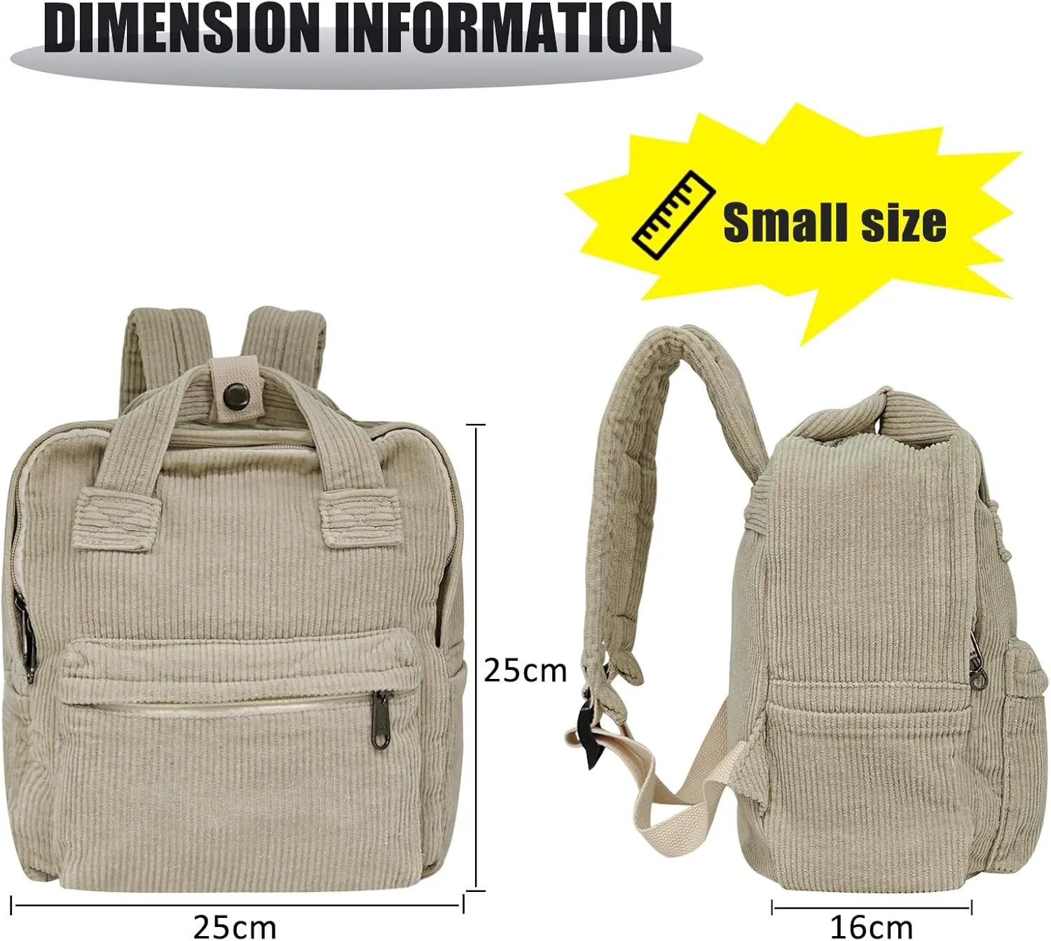 women Small Backpack Ladies Canvas/Cord Backpacks Casual Daypacks, Backpacks for Citywalk Travel Work Unisex (Cordury, Beige)