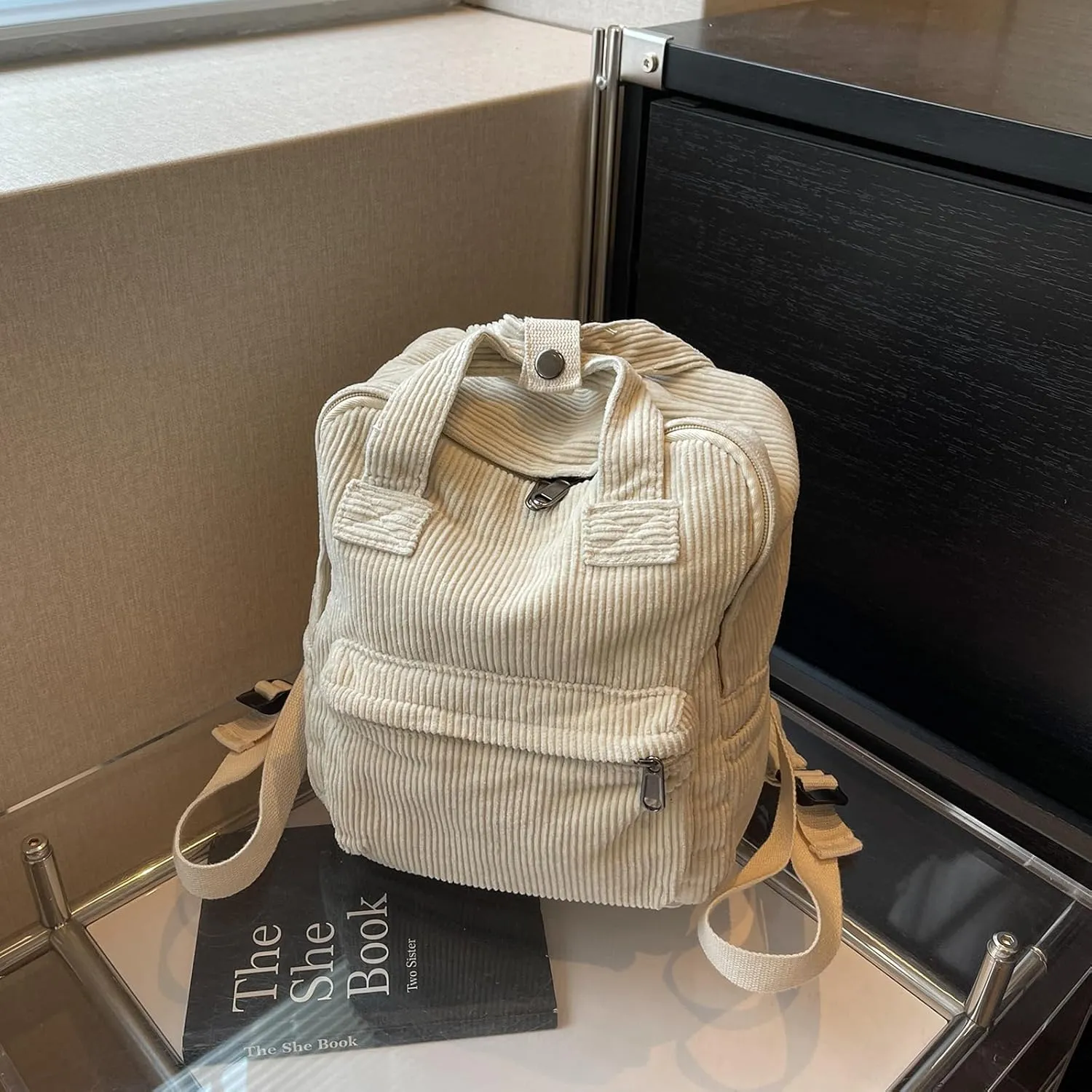 women Small Backpack Ladies Canvas/Cord Backpacks Casual Daypacks, Backpacks for Citywalk Travel Work Unisex (Cordury, Beige)