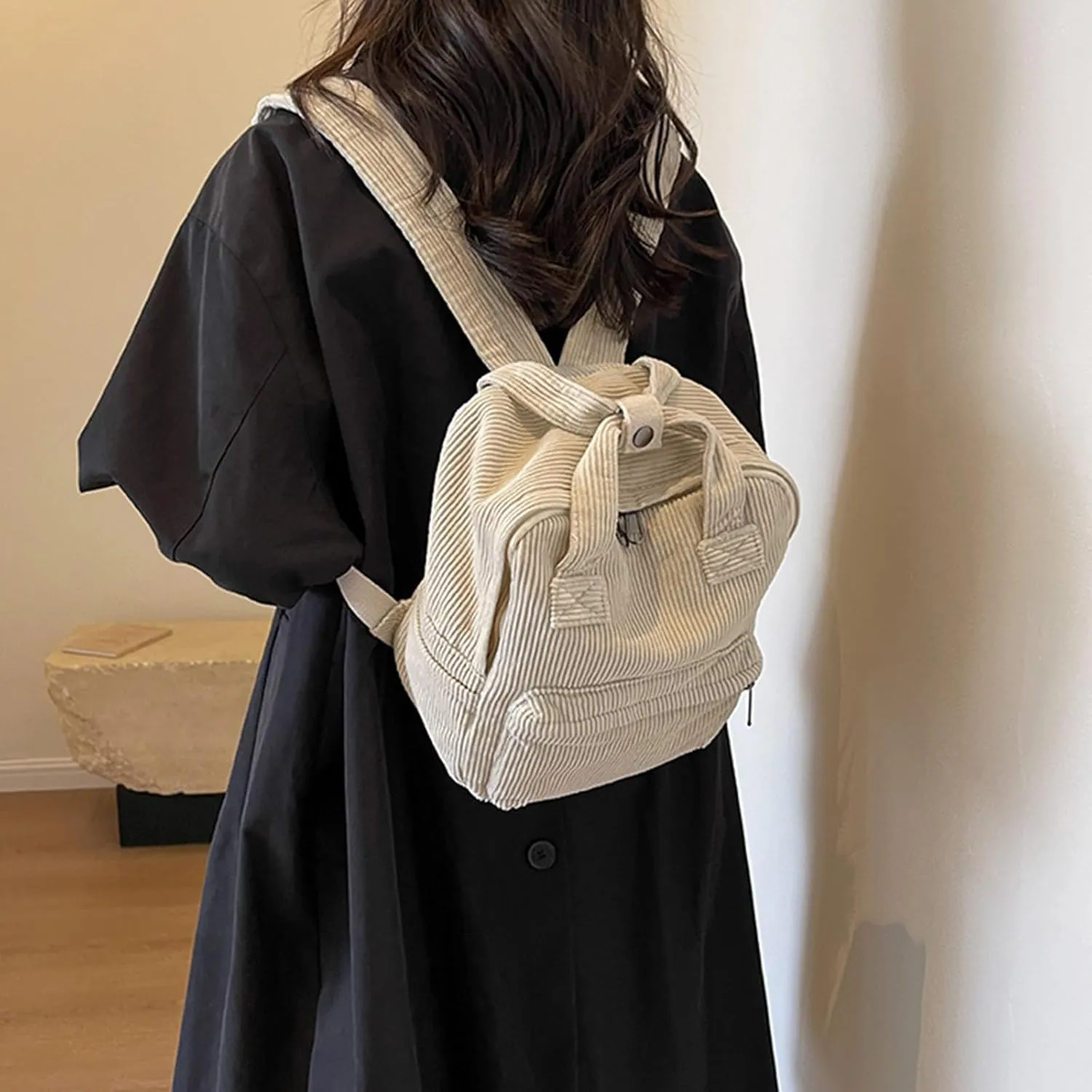 women Small Backpack Ladies Canvas/Cord Backpacks Casual Daypacks, Backpacks for Citywalk Travel Work Unisex (Cordury, Beige)