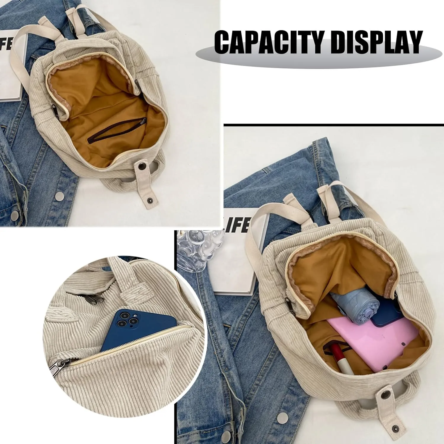 women Small Backpack Ladies Canvas/Cord Backpacks Casual Daypacks, Backpacks for Citywalk Travel Work Unisex (Cordury, Black)