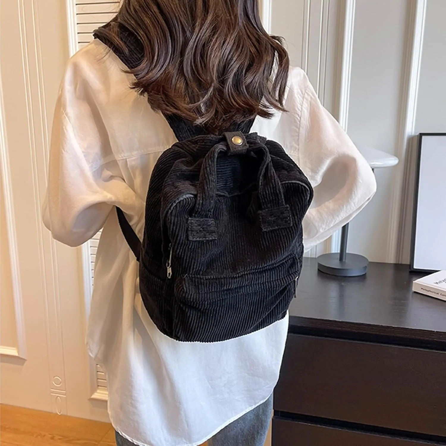 women Small Backpack Ladies Canvas/Cord Backpacks Casual Daypacks, Backpacks for Citywalk Travel Work Unisex (Cordury, Black)