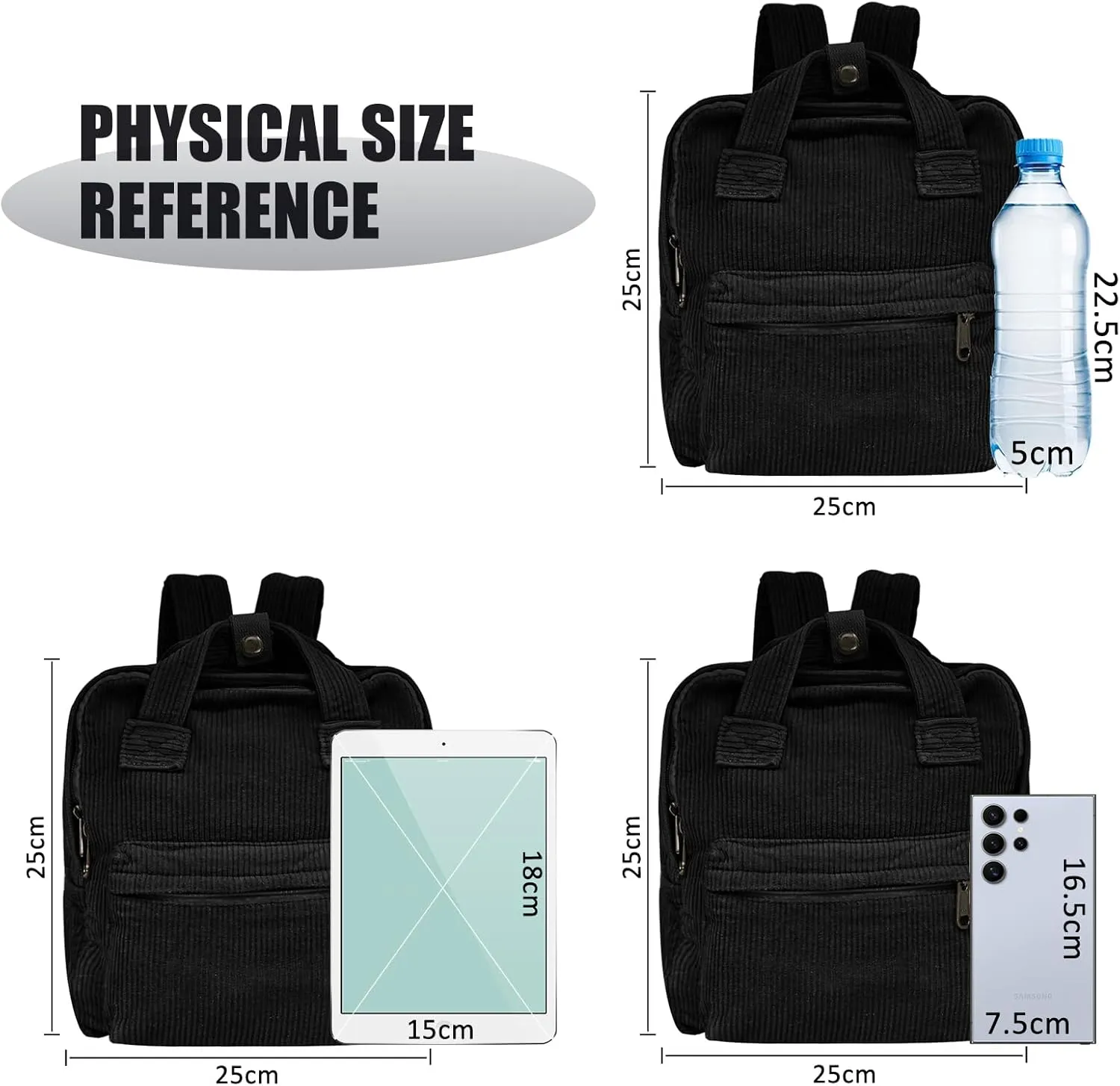 women Small Backpack Ladies Canvas/Cord Backpacks Casual Daypacks, Backpacks for Citywalk Travel Work Unisex (Cordury, Black)