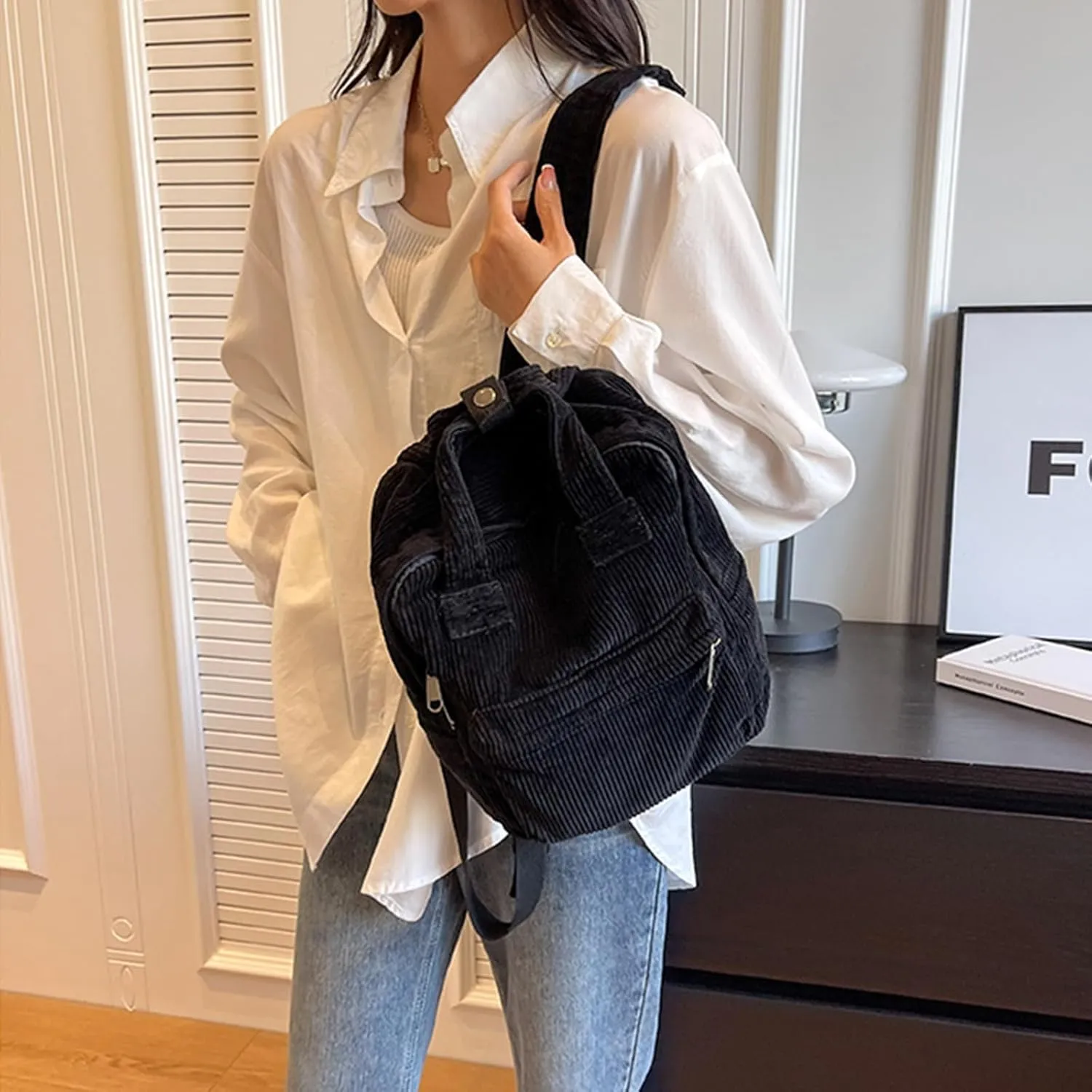 women Small Backpack Ladies Canvas/Cord Backpacks Casual Daypacks, Backpacks for Citywalk Travel Work Unisex (Cordury, Black)