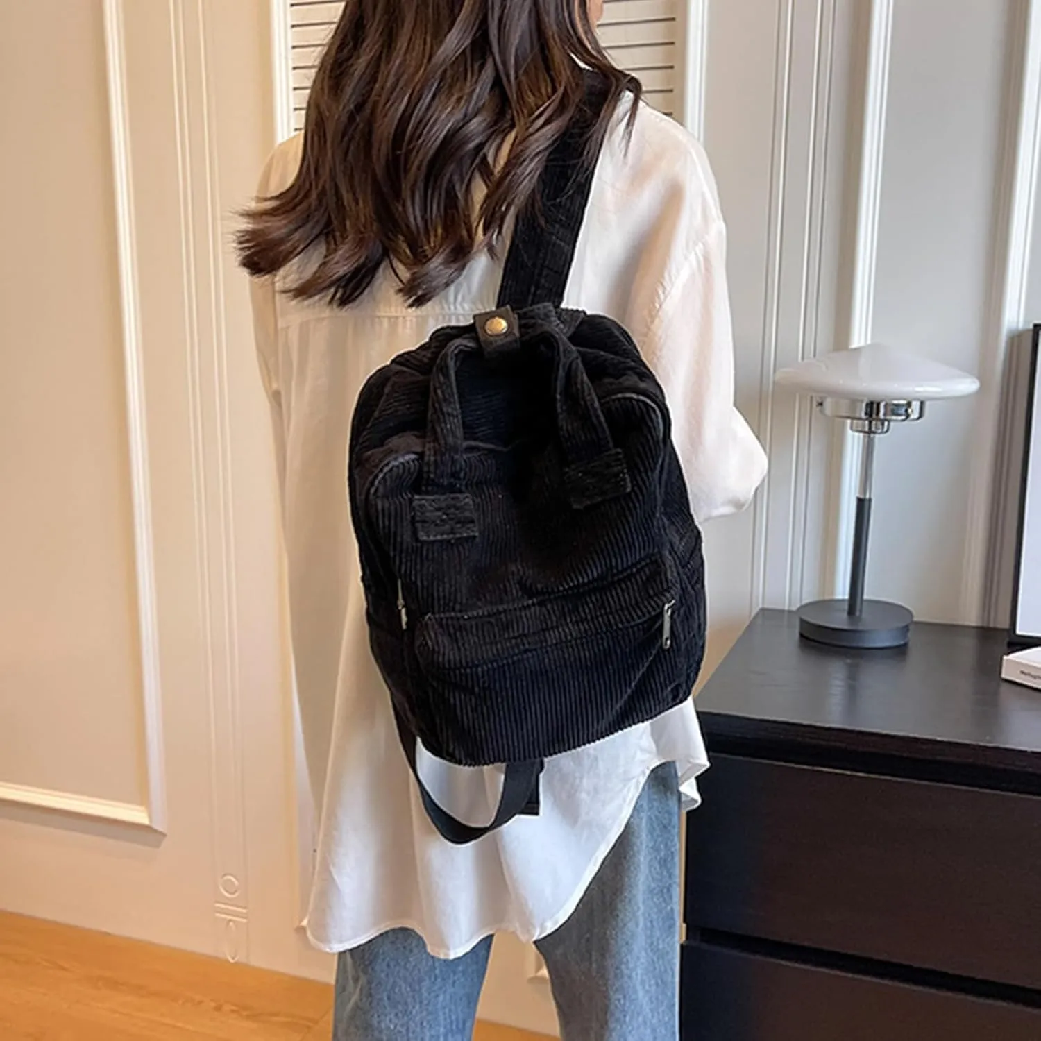 women Small Backpack Ladies Canvas/Cord Backpacks Casual Daypacks, Backpacks for Citywalk Travel Work Unisex (Cordury, Black)