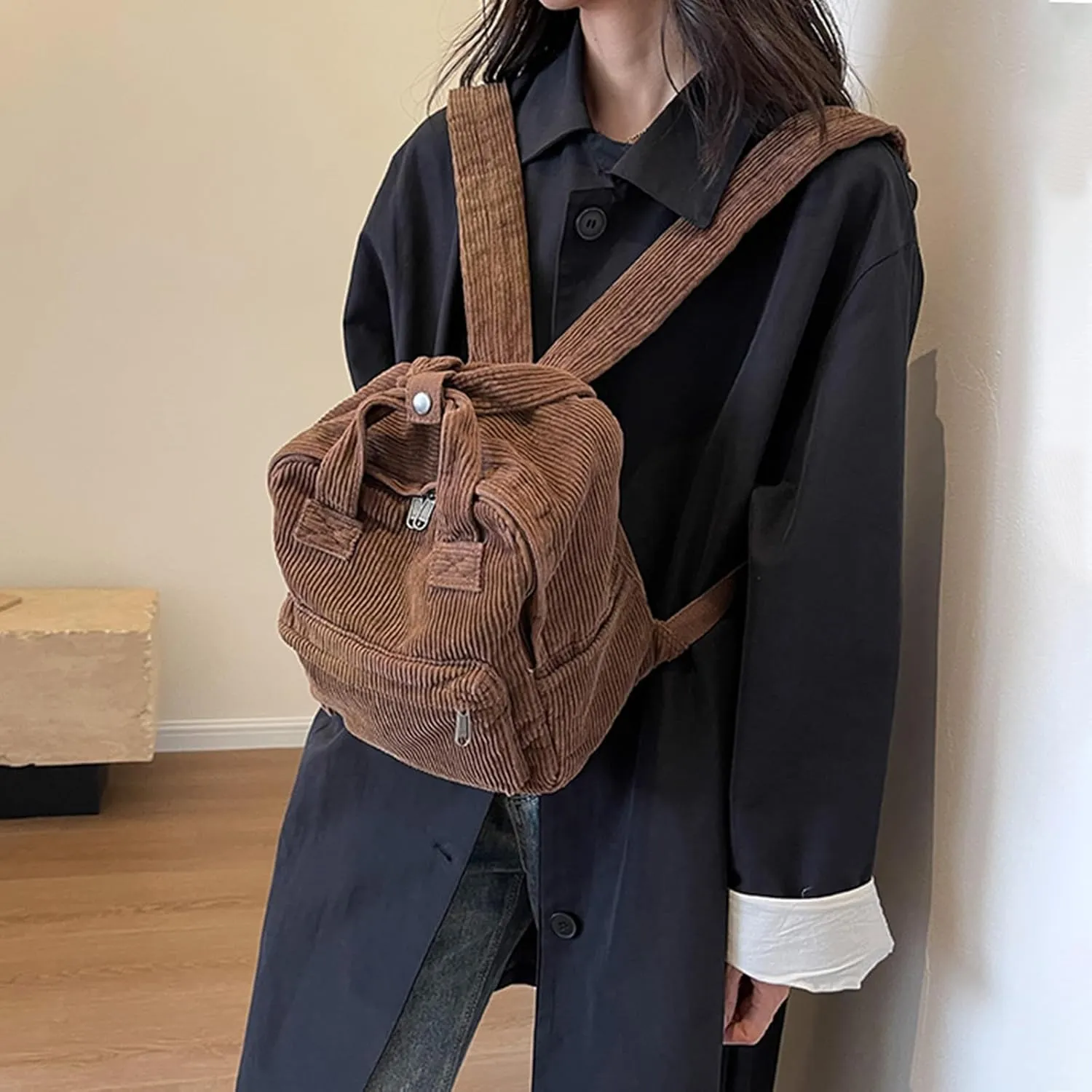women Small Backpack Ladies Canvas/Cord Backpacks Casual Daypacks, Backpacks for Citywalk Travel Work Unisex (Cordury, Brown)