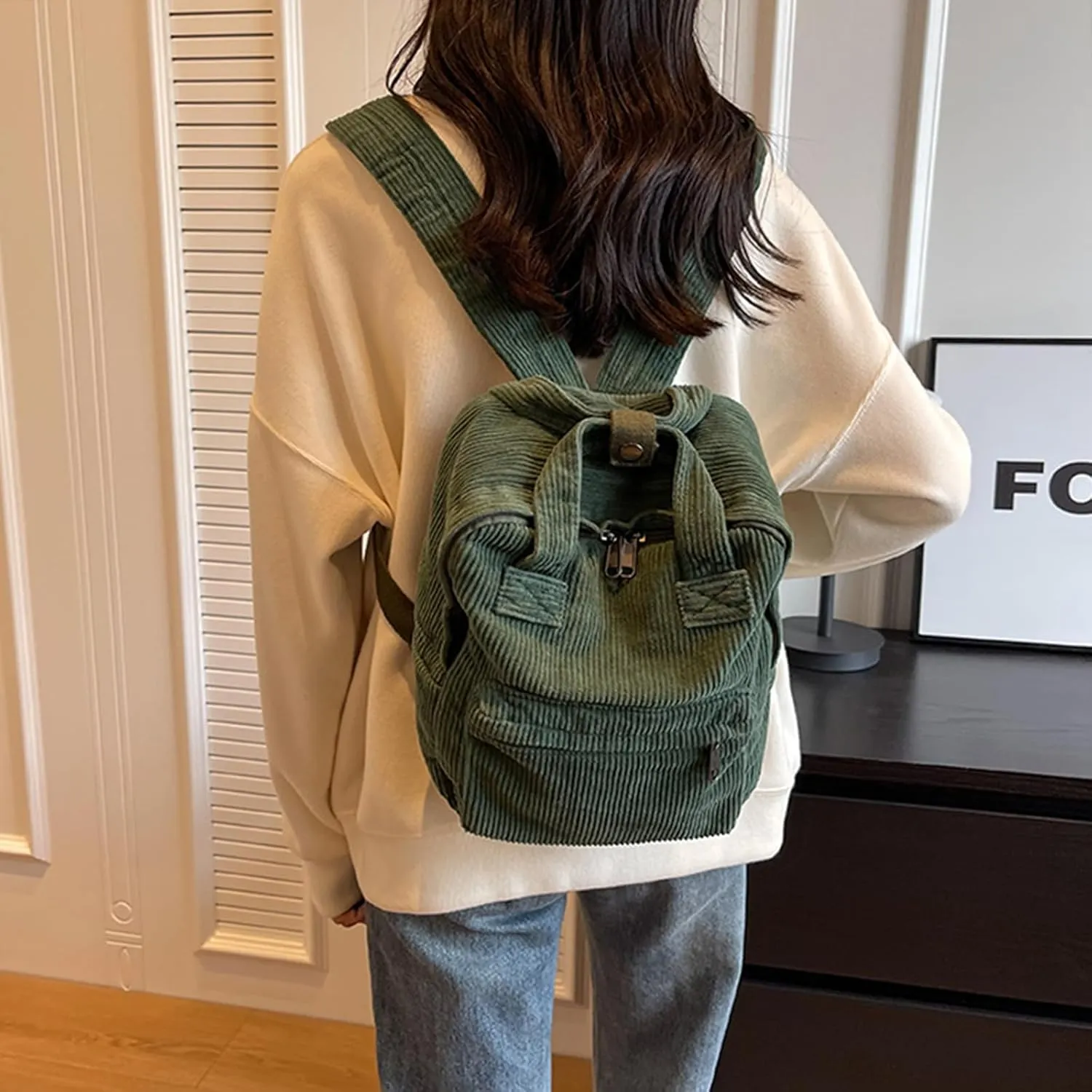women Small Backpack Ladies Canvas/Cord Backpacks Casual Daypacks, Backpacks for Citywalk Travel Work Unisex (Cordury, Green)