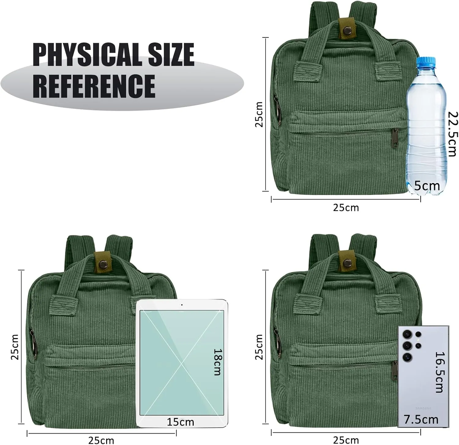women Small Backpack Ladies Canvas/Cord Backpacks Casual Daypacks, Backpacks for Citywalk Travel Work Unisex (Cordury, Green)