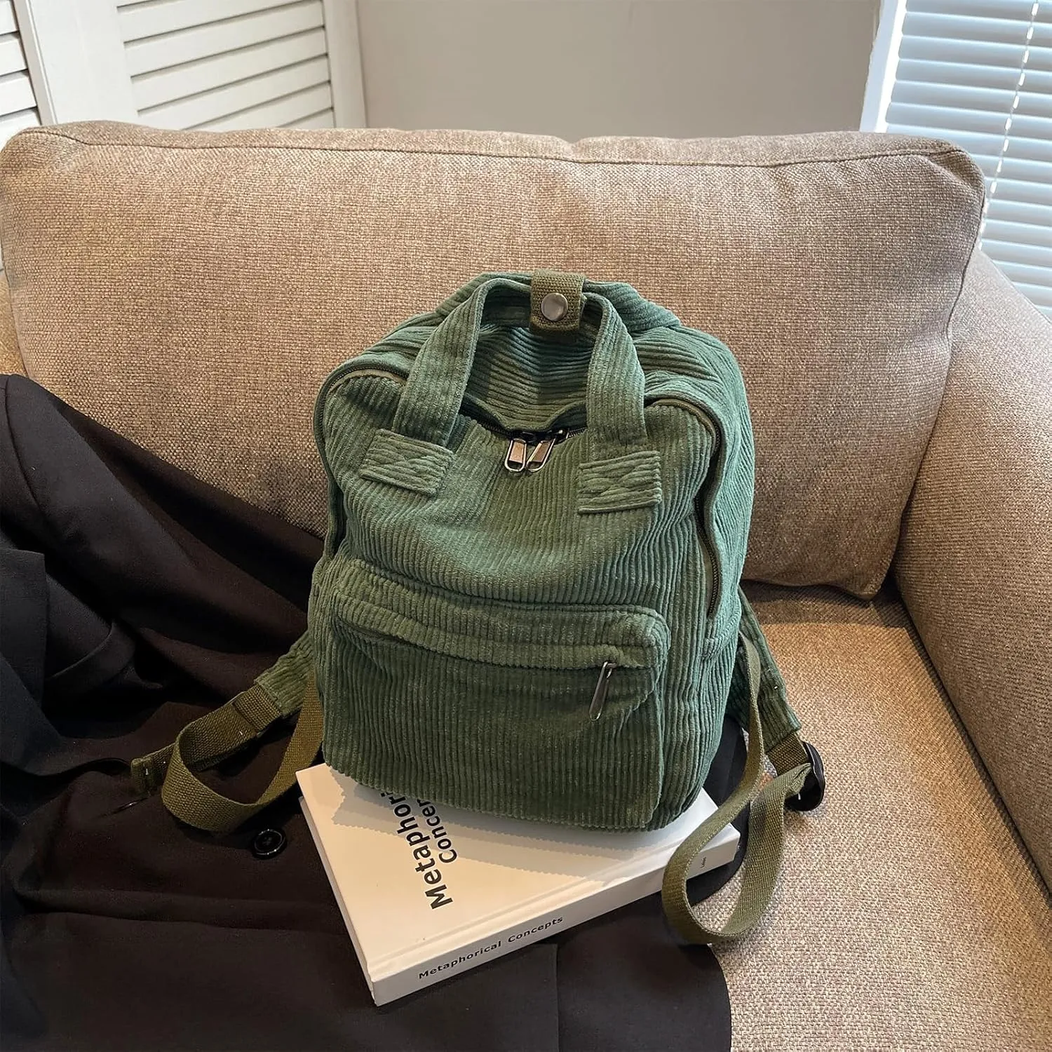 women Small Backpack Ladies Canvas/Cord Backpacks Casual Daypacks, Backpacks for Citywalk Travel Work Unisex (Cordury, Green)