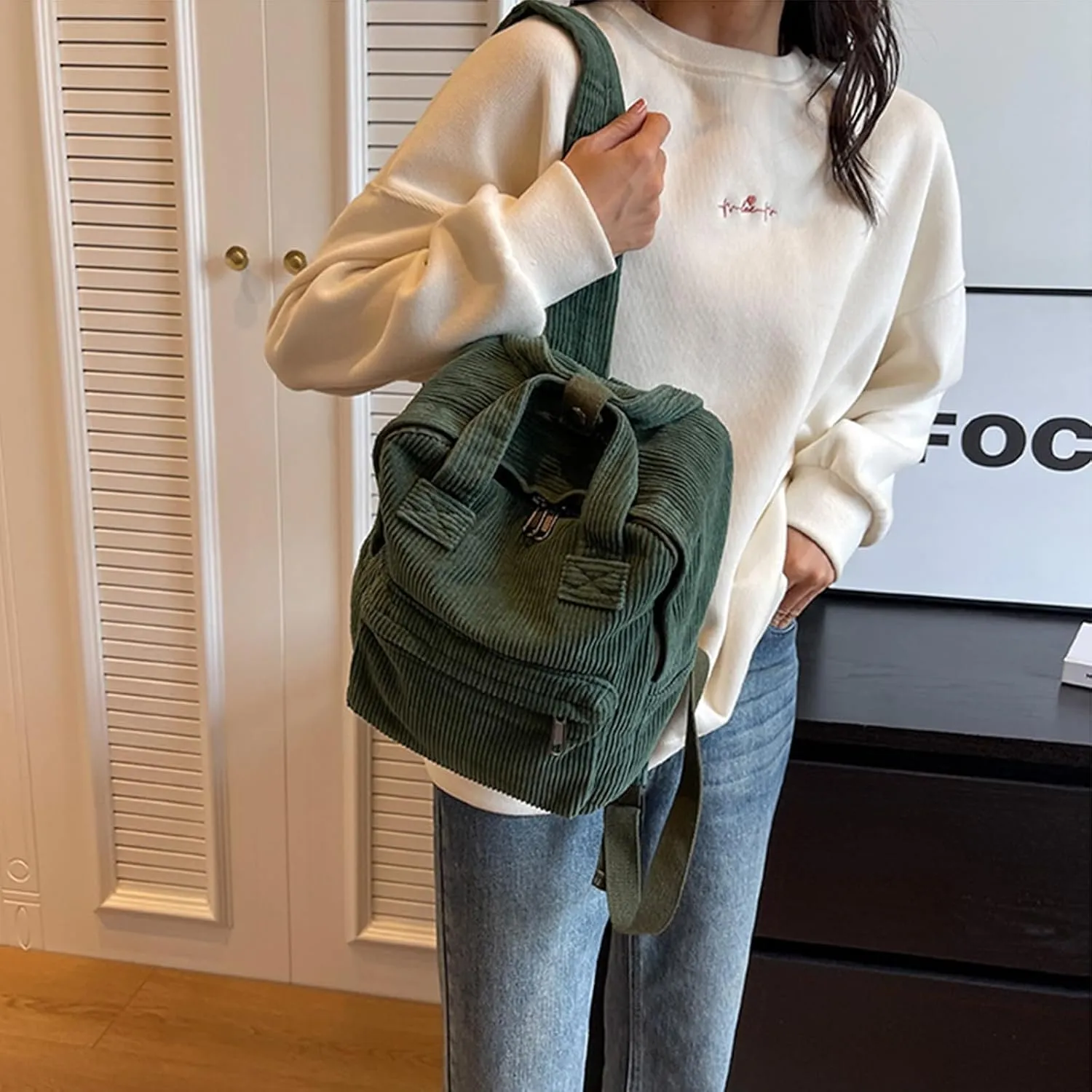 women Small Backpack Ladies Canvas/Cord Backpacks Casual Daypacks, Backpacks for Citywalk Travel Work Unisex (Cordury, Green)
