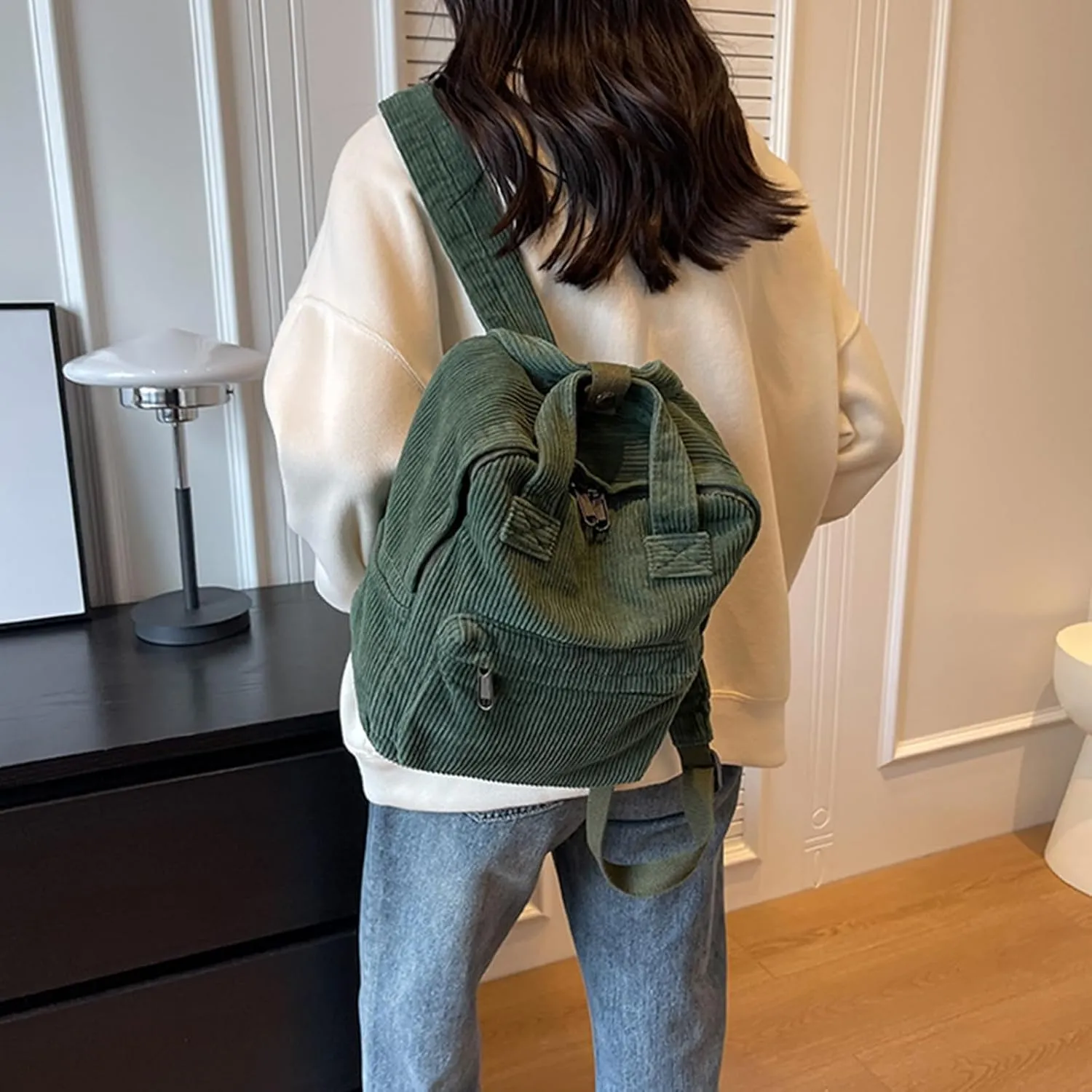 women Small Backpack Ladies Canvas/Cord Backpacks Casual Daypacks, Backpacks for Citywalk Travel Work Unisex (Cordury, Green)