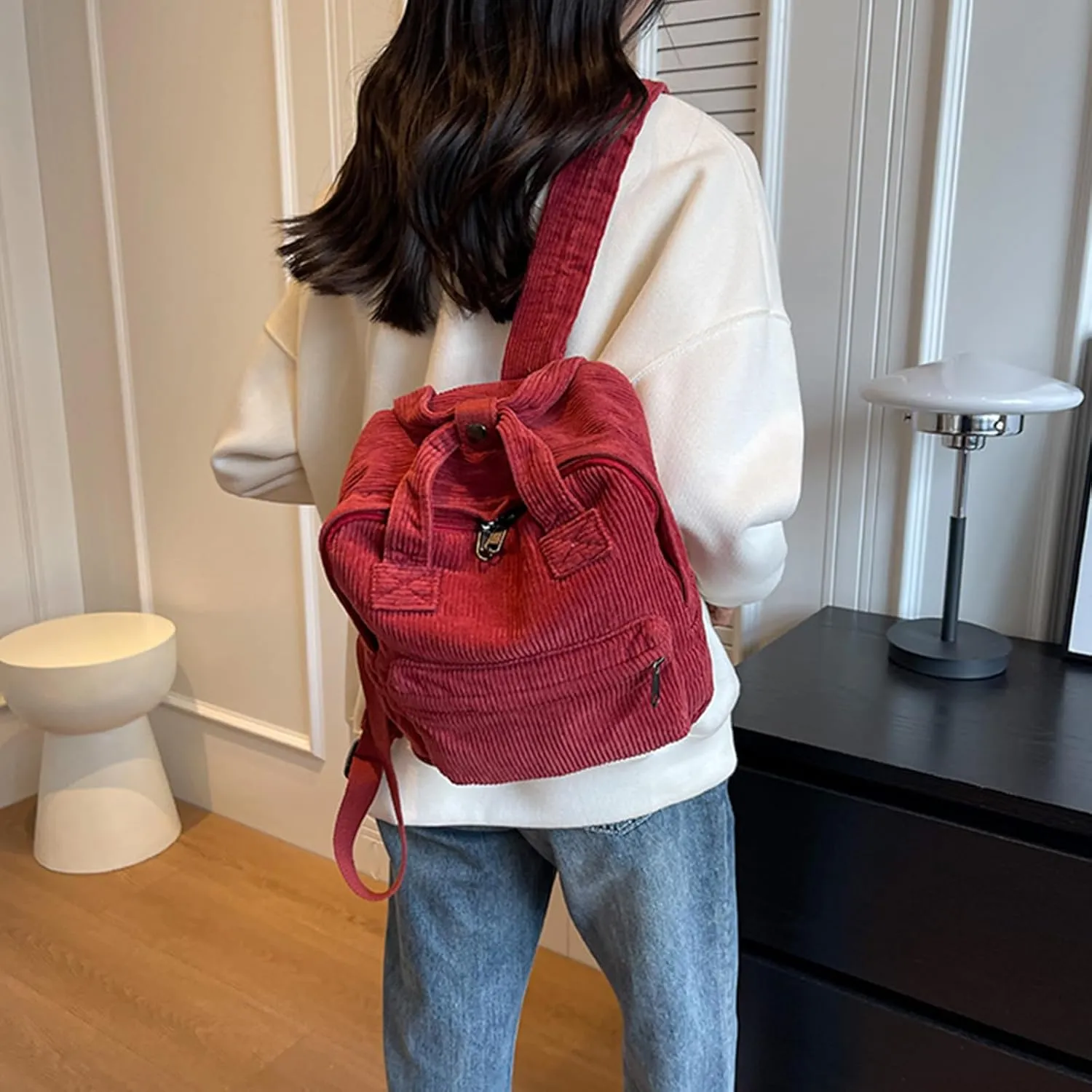 women Small Backpack Ladies Canvas/Cord Backpacks Casual Daypacks, Backpacks for Citywalk Travel Work Unisex (Cordury, Red)