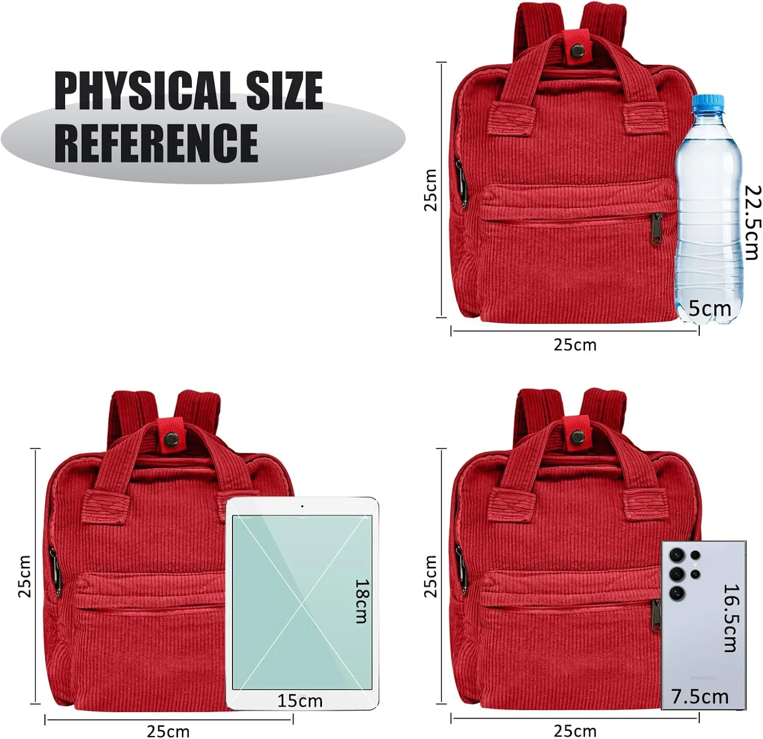 women Small Backpack Ladies Canvas/Cord Backpacks Casual Daypacks, Backpacks for Citywalk Travel Work Unisex (Cordury, Red)