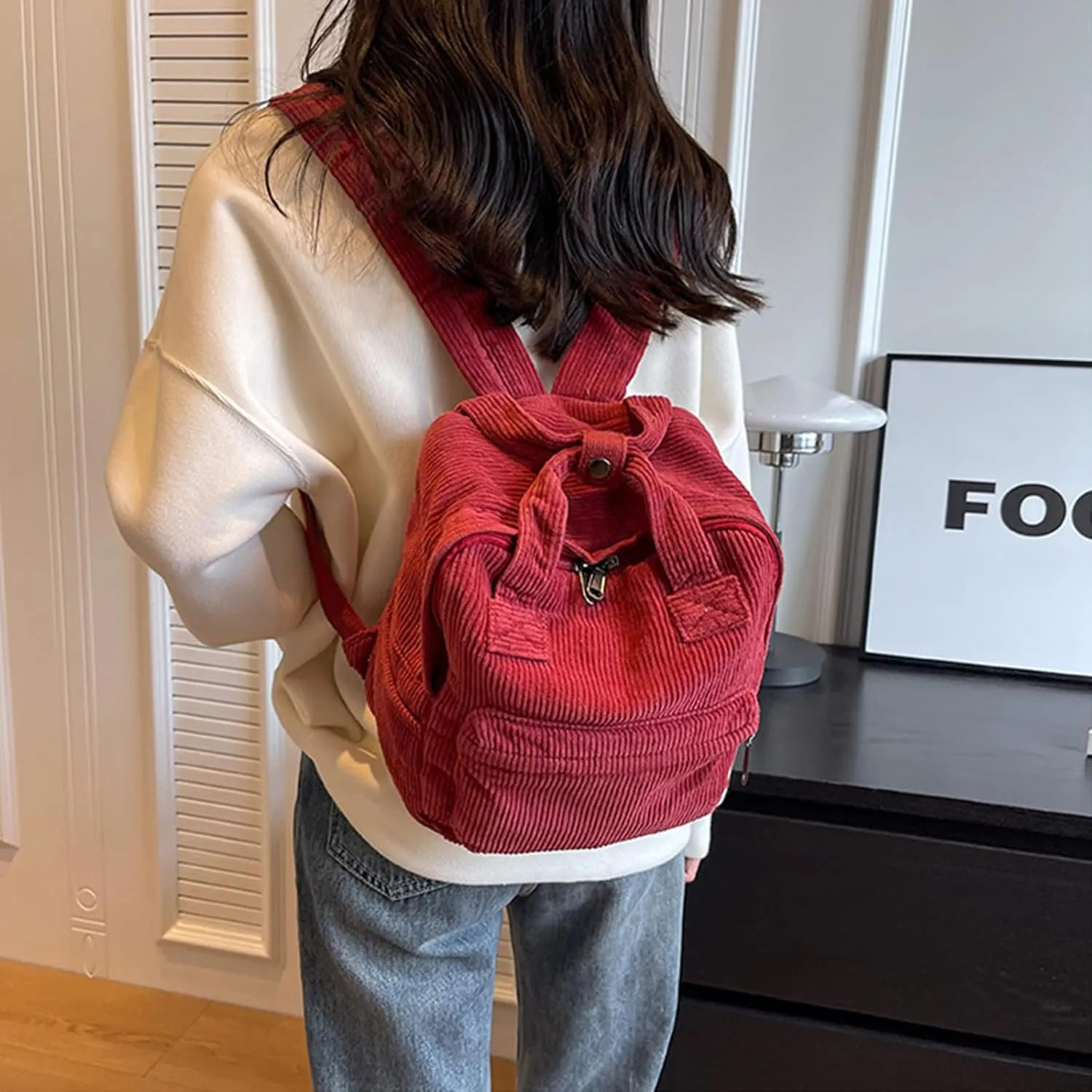 women Small Backpack Ladies Canvas/Cord Backpacks Casual Daypacks, Backpacks for Citywalk Travel Work Unisex (Cordury, Red)