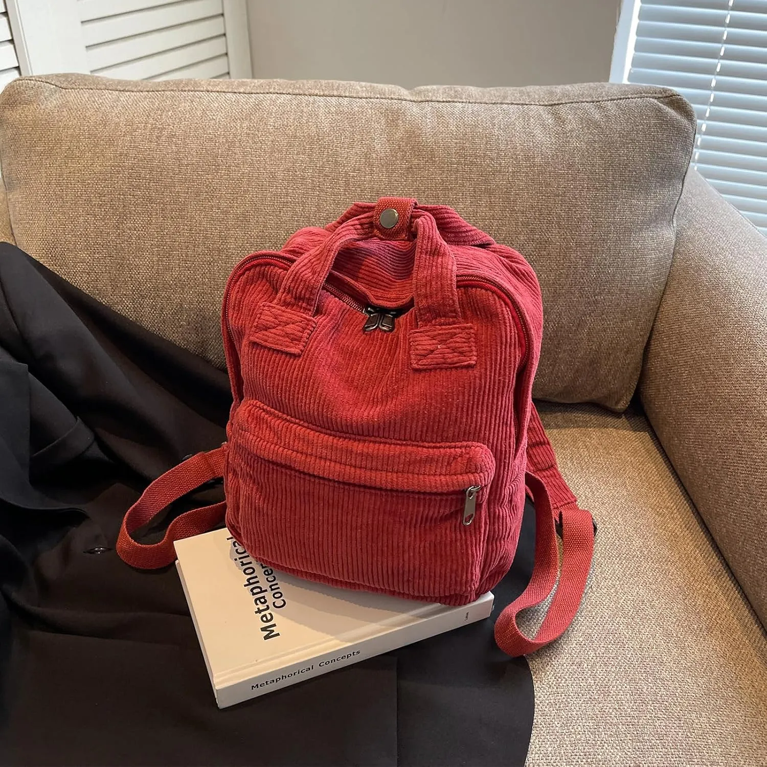 women Small Backpack Ladies Canvas/Cord Backpacks Casual Daypacks, Backpacks for Citywalk Travel Work Unisex (Cordury, Red)