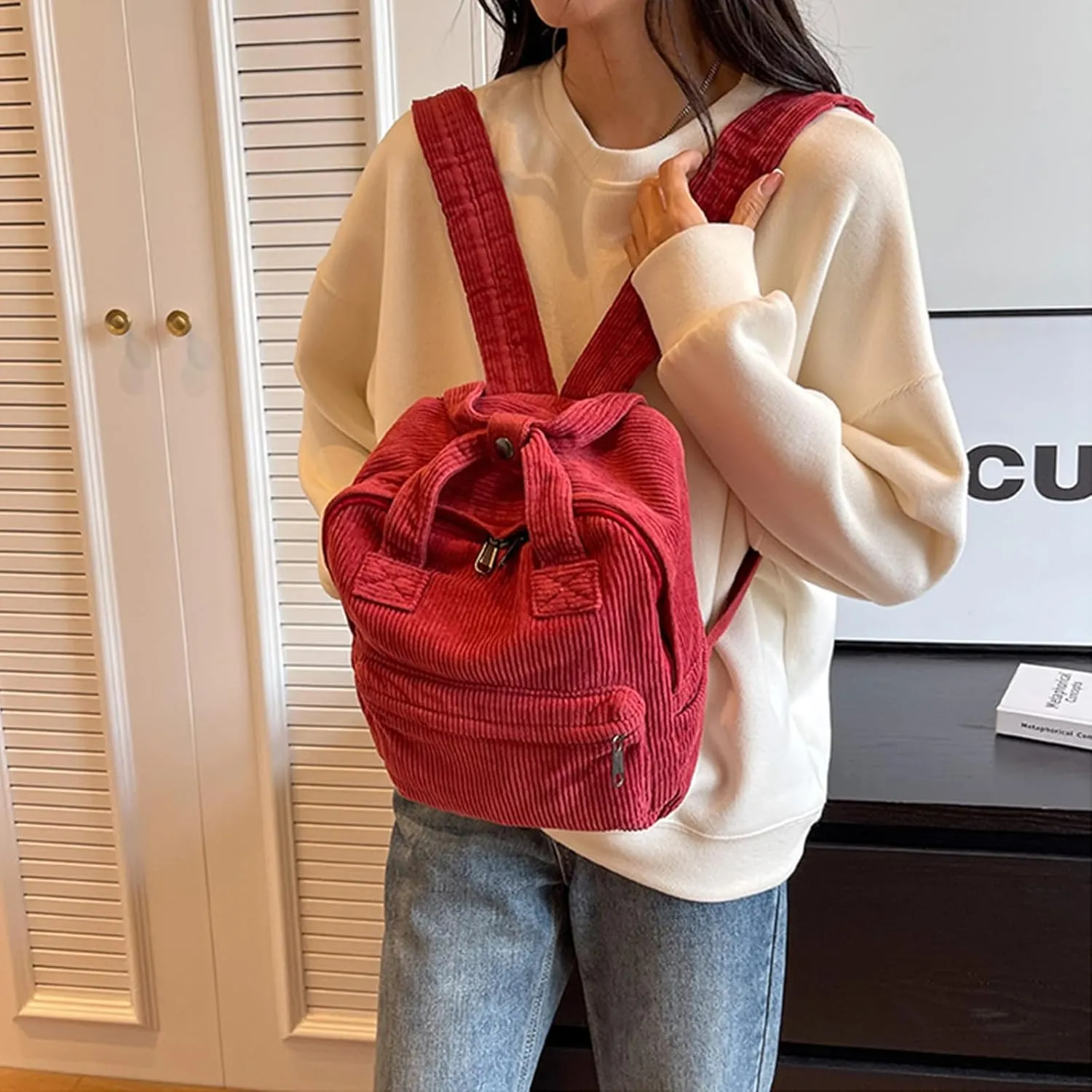 women Small Backpack Ladies Canvas/Cord Backpacks Casual Daypacks, Backpacks for Citywalk Travel Work Unisex (Cordury, Red)