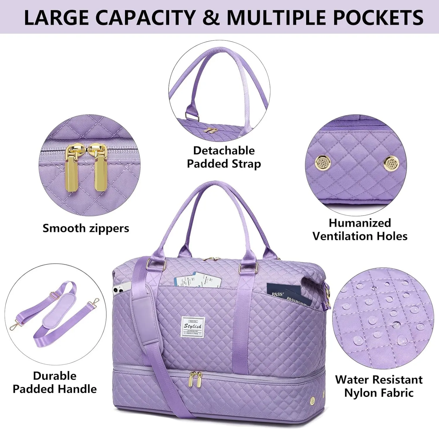 Women Weekender Travel Duffle Bag: Travel Duffel Overnight Bags with Shoe Compartment Large Carry on Tote Bag Toiletry Bag Weekend Yoga Gym Hospital Bags for Labor and Delivery with Wet Pocket Purple