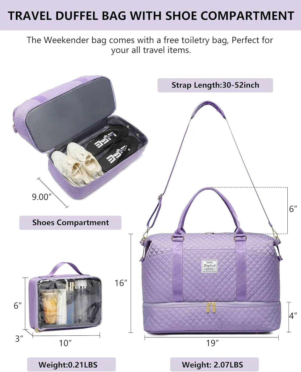 Women Weekender Travel Duffle Bag: Travel Duffel Overnight Bags with Shoe Compartment Large Carry on Tote Bag Toiletry Bag Weekend Yoga Gym Hospital Bags for Labor and Delivery with Wet Pocket Purple