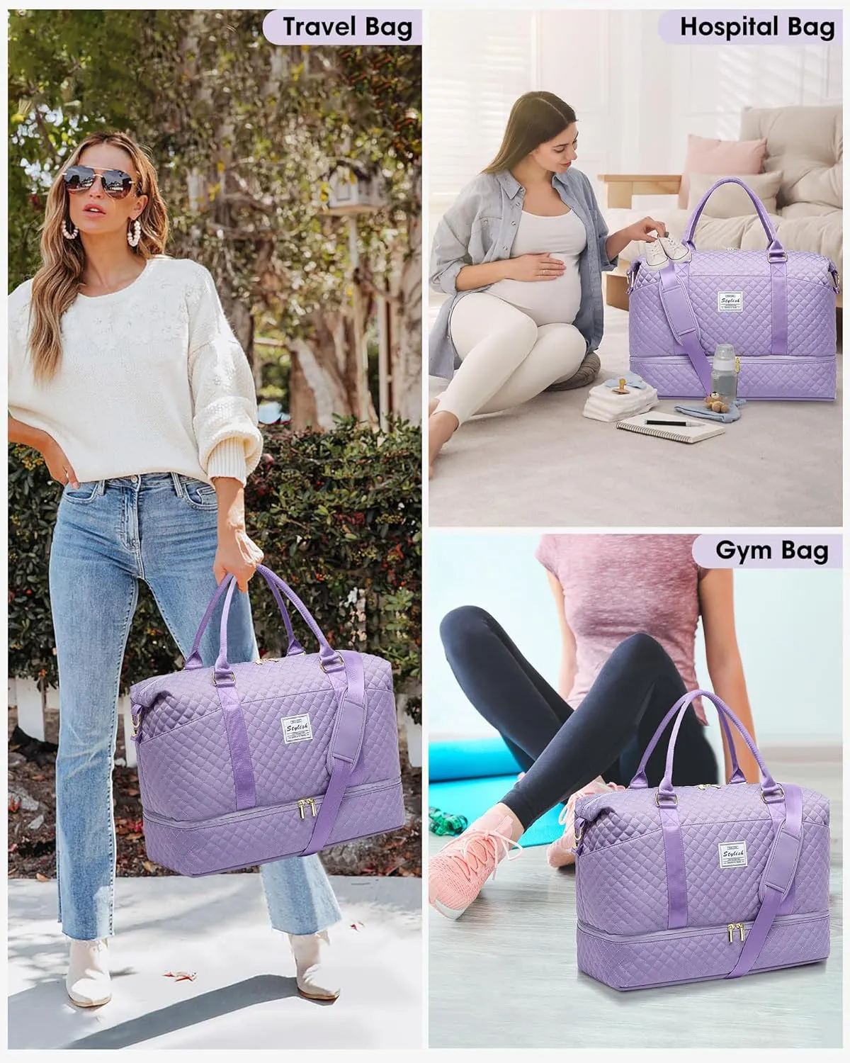 Women Weekender Travel Duffle Bag: Travel Duffel Overnight Bags with Shoe Compartment Large Carry on Tote Bag Toiletry Bag Weekend Yoga Gym Hospital Bags for Labor and Delivery with Wet Pocket Purple