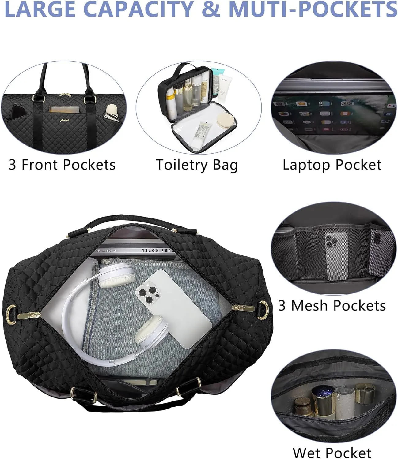 Women Weekender Travel Duffle Bag: Travel Duffel Overnight Bags with Shoe Compartment Large Carry on Tote with Toiletry Bag Weekend Traveling Yoga Gym Hospital Bag for Women with Wet Pocket Black