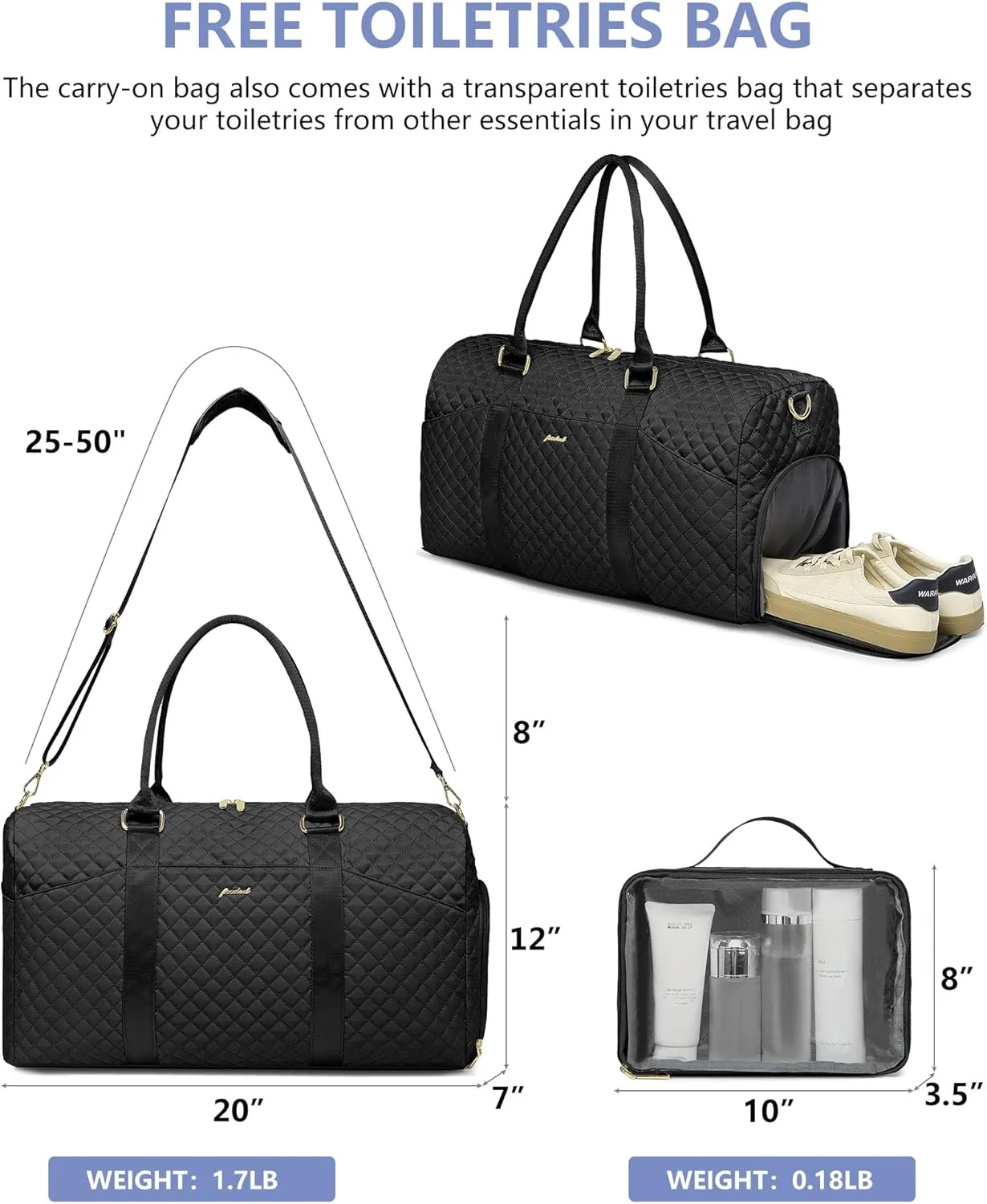 Women Weekender Travel Duffle Bag: Travel Duffel Overnight Bags with Shoe Compartment Large Carry on Tote with Toiletry Bag Weekend Traveling Yoga Gym Hospital Bag for Women with Wet Pocket Black