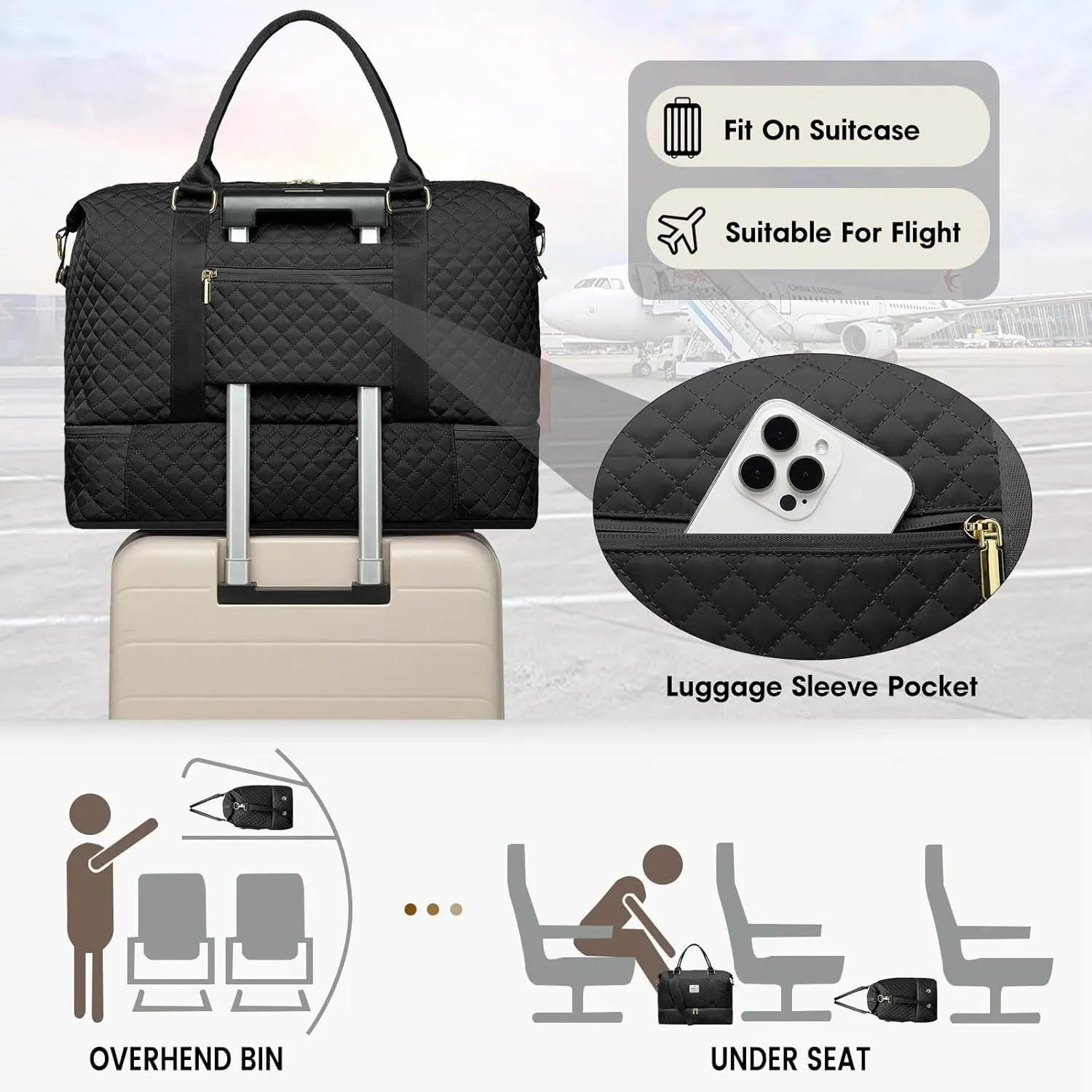Women Weekender Travel Duffle Bags: Duffel Overnight Bag with Shoe Compartment Large Carry on Tote Bag Toiletry Bag Weekend Yoga Gym Bags with Wet Pocket Hospital Bags for Labor and Delivery Black