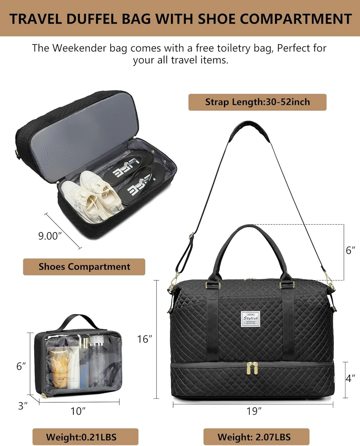 Women Weekender Travel Duffle Bags: Duffel Overnight Bag with Shoe Compartment Large Carry on Tote Bag Toiletry Bag Weekend Yoga Gym Bags with Wet Pocket Hospital Bags for Labor and Delivery Black
