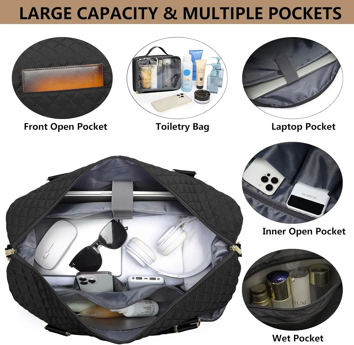 Women Weekender Travel Duffle Bags: Duffel Overnight Bag with Shoe Compartment Large Carry on Tote Bag Toiletry Bag Weekend Yoga Gym Bags with Wet Pocket Hospital Bags for Labor and Delivery Black