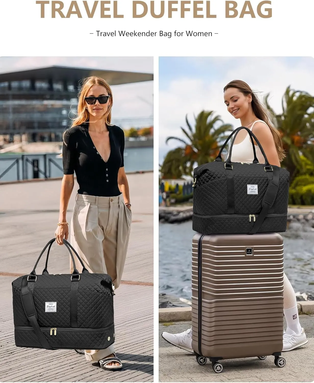 Women Weekender Travel Duffle Bags: Duffel Overnight Bag with Shoe Compartment Large Carry on Tote Bag Toiletry Bag Weekend Yoga Gym Bags with Wet Pocket Hospital Bags for Labor and Delivery Black