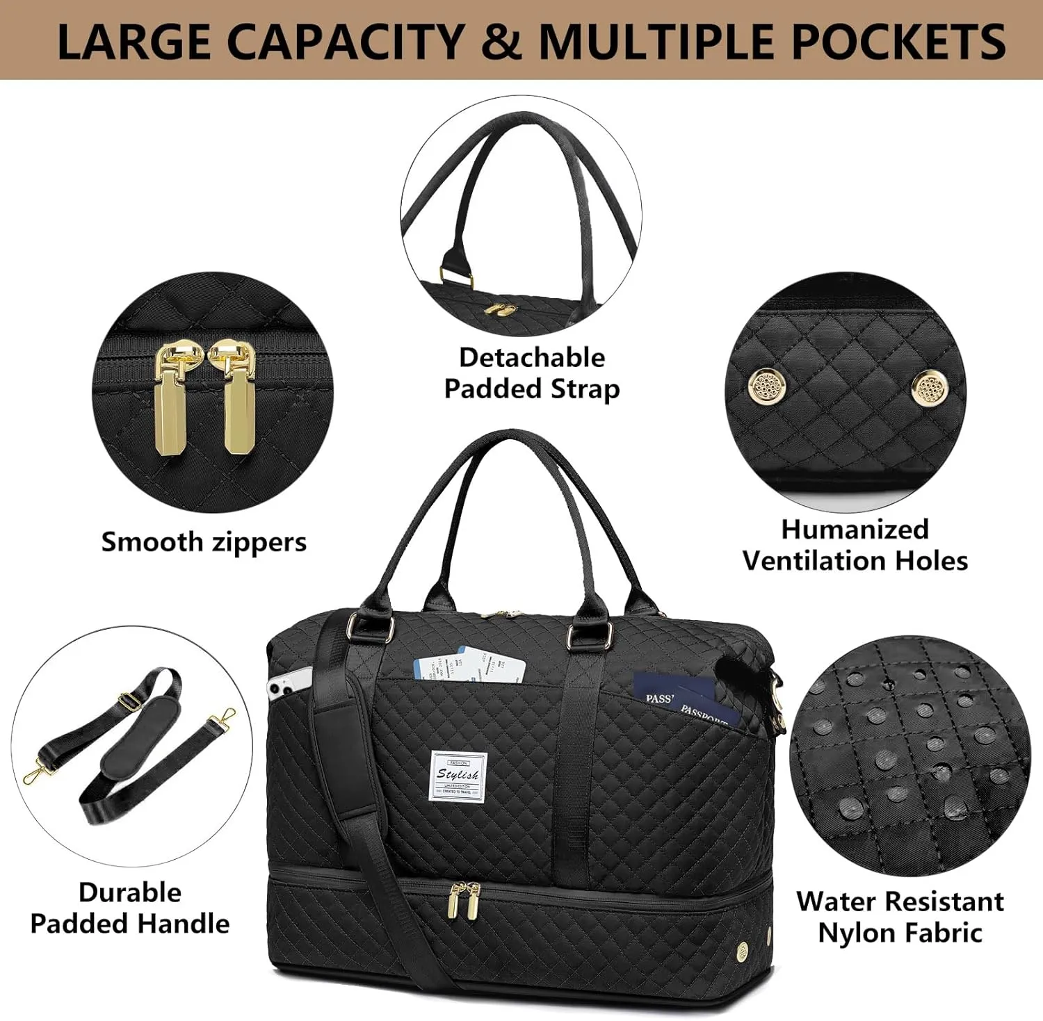 Women Weekender Travel Duffle Bags: Duffel Overnight Bag with Shoe Compartment Large Carry on Tote Bag Toiletry Bag Weekend Yoga Gym Bags with Wet Pocket Hospital Bags for Labor and Delivery Black