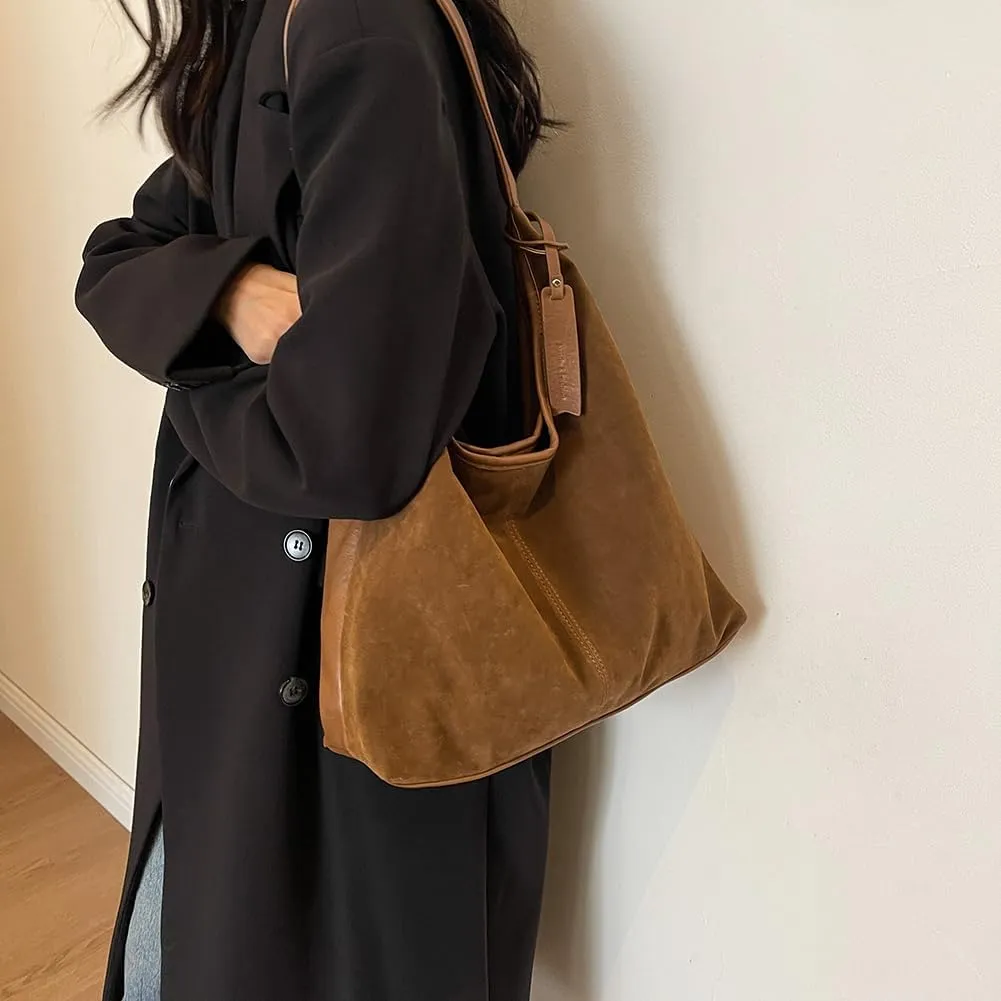 Women's Faux Suede Shoulder Bag Retro Underarm Purse Slouchy Hobo Crossbody Magnetic Closure Tote Bag Large Capacity Handbag