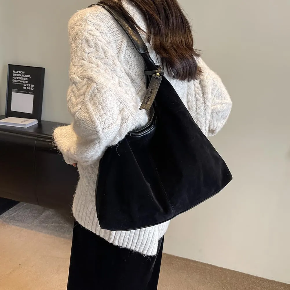 Women's Faux Suede Shoulder Bag Retro Underarm Purse Slouchy Hobo Crossbody Magnetic Closure Tote Bag Large Capacity Handbag