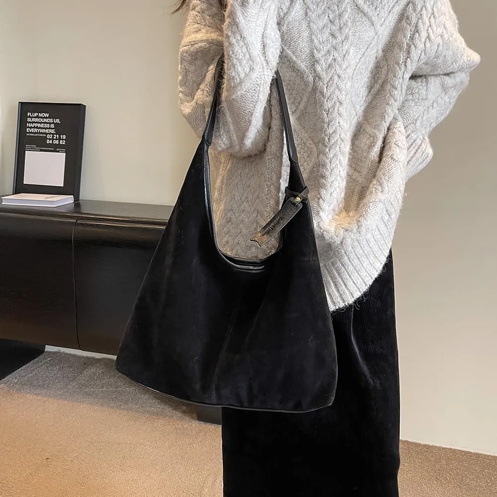 Women's Faux Suede Shoulder Bag Retro Underarm Purse Slouchy Hobo Crossbody Magnetic Closure Tote Bag Large Capacity Handbag