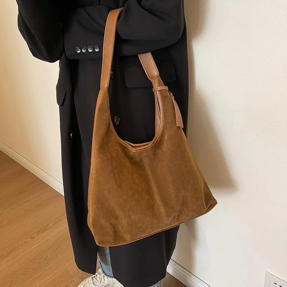 Women's Faux Suede Shoulder Bag Retro Underarm Purse Slouchy Hobo Crossbody Magnetic Closure Tote Bag Large Capacity Handbag