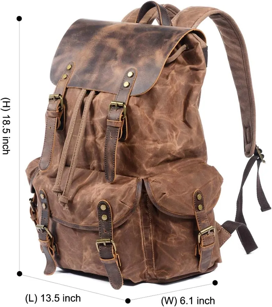 WUDON Leather Backpack for Men, Waxed Canvas Shoulder Rucksack Carry-On Travel Backpack
