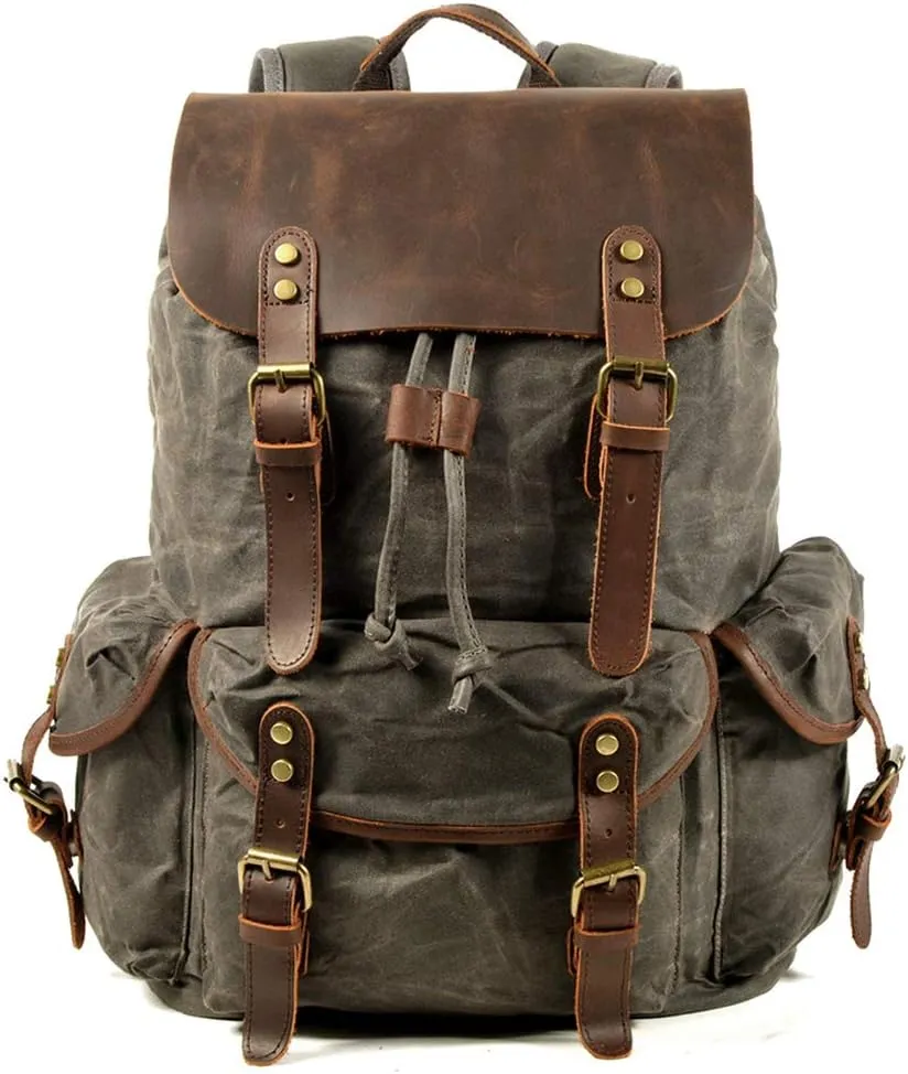 WUDON Leather Backpack for Men, Waxed Canvas Shoulder Rucksack Carry-On Travel Backpack
